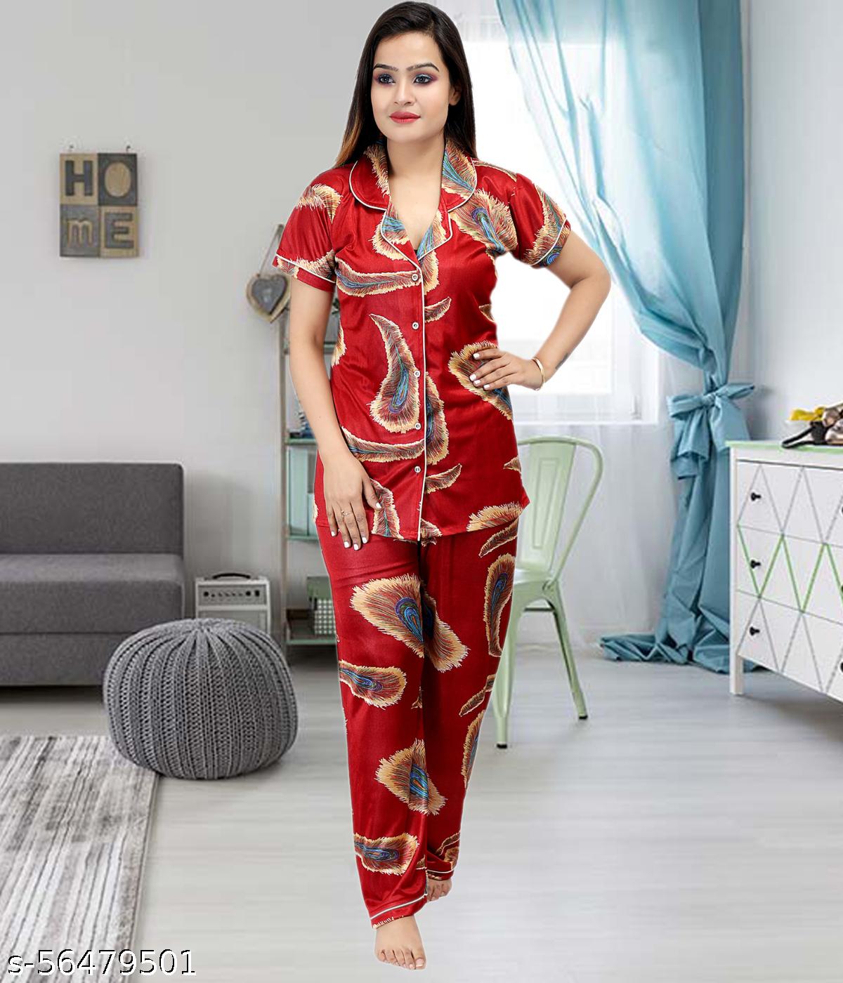 Attractive Women Night Suit Red Colour Printed Floral Design With Notch Collar Half Sleeves Nightwear Gives You Stylish Look Nightdress - View 4 - Juliate