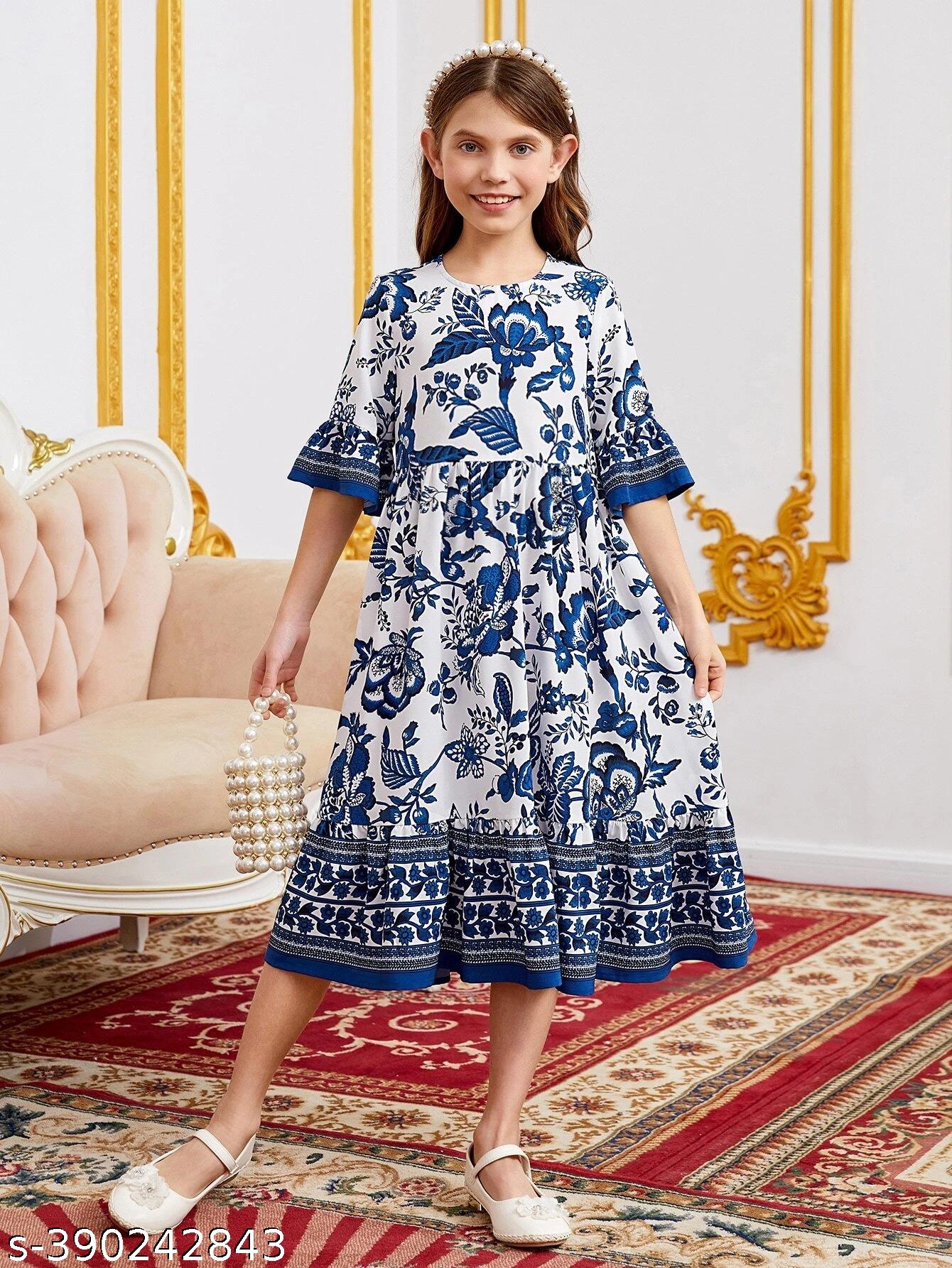 Girls Blue Floral Print Flange Sleeve Dress - Unixkart - View 4