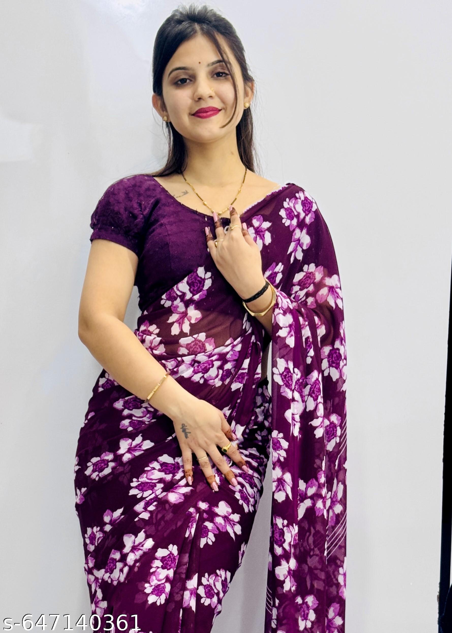 Purple Weightless Printed Georgette Saree - Unixkart - View 4