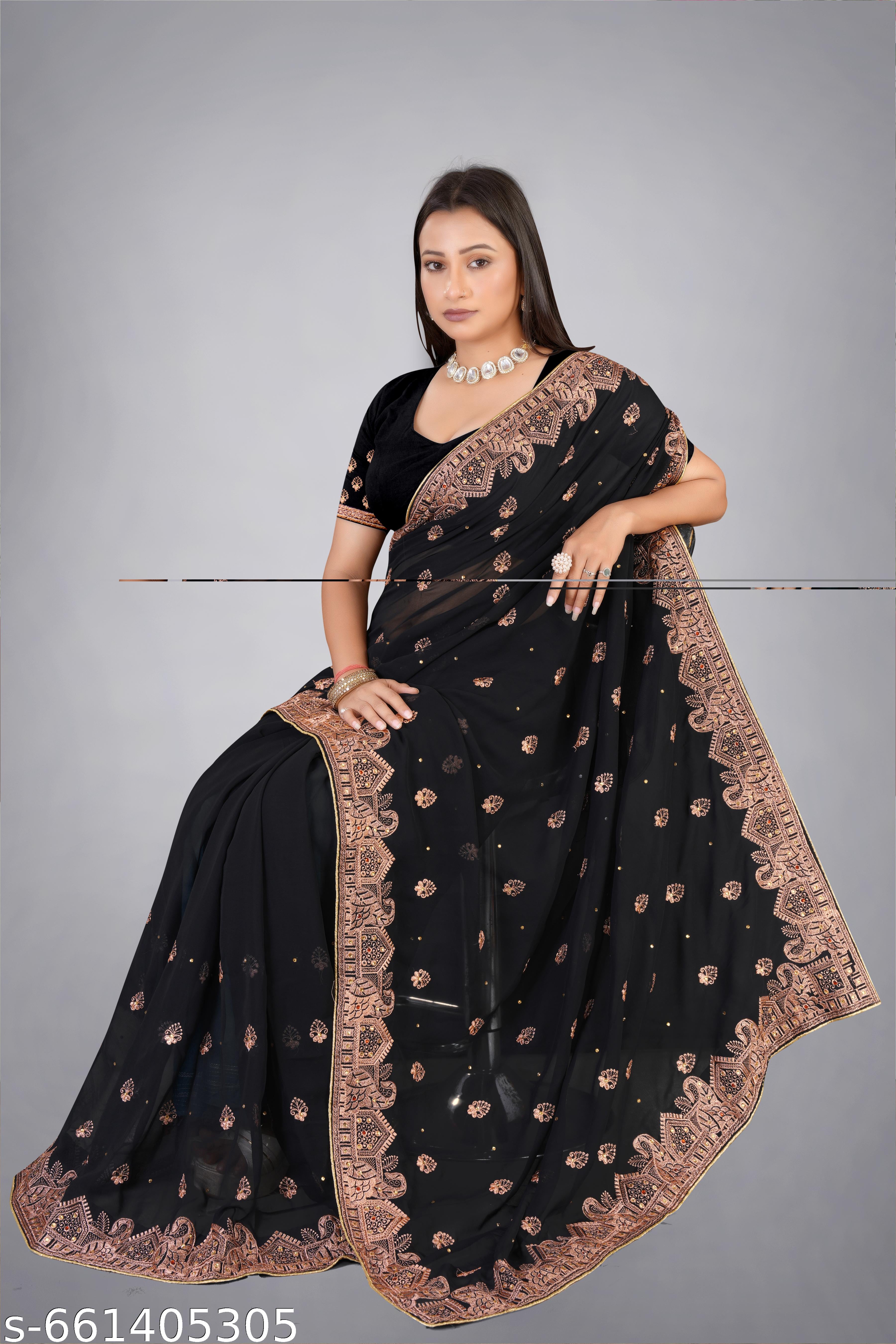 Heavy Embroidery Work With Full (stone) Handwork Saree - Unixkart