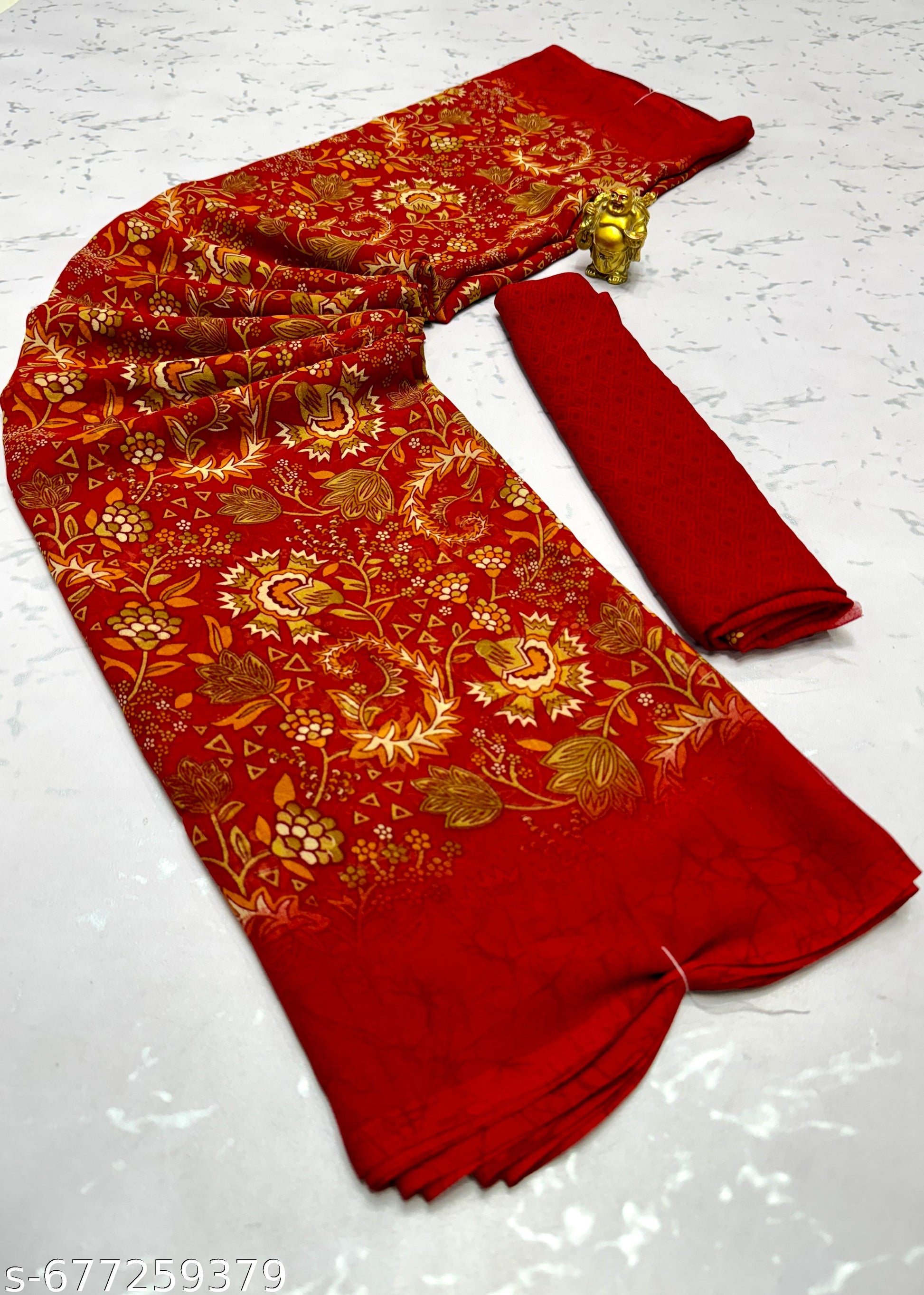 Red Premium Weightless Printed Georgette Saree - Unixkart - View 4