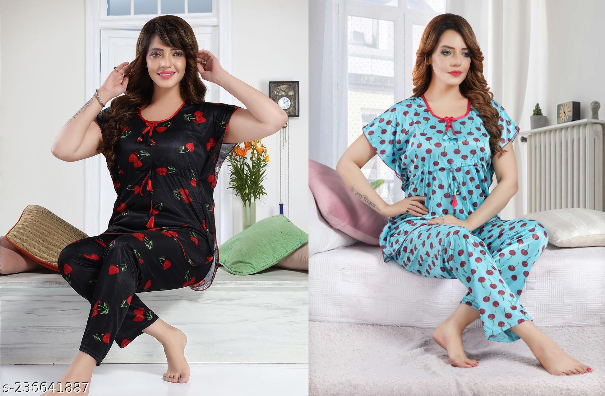 Color Magic Printed Satin Night Suit - Combo Pack Of 2 - Strawberry - Berry Blue - View 4 - Juliate