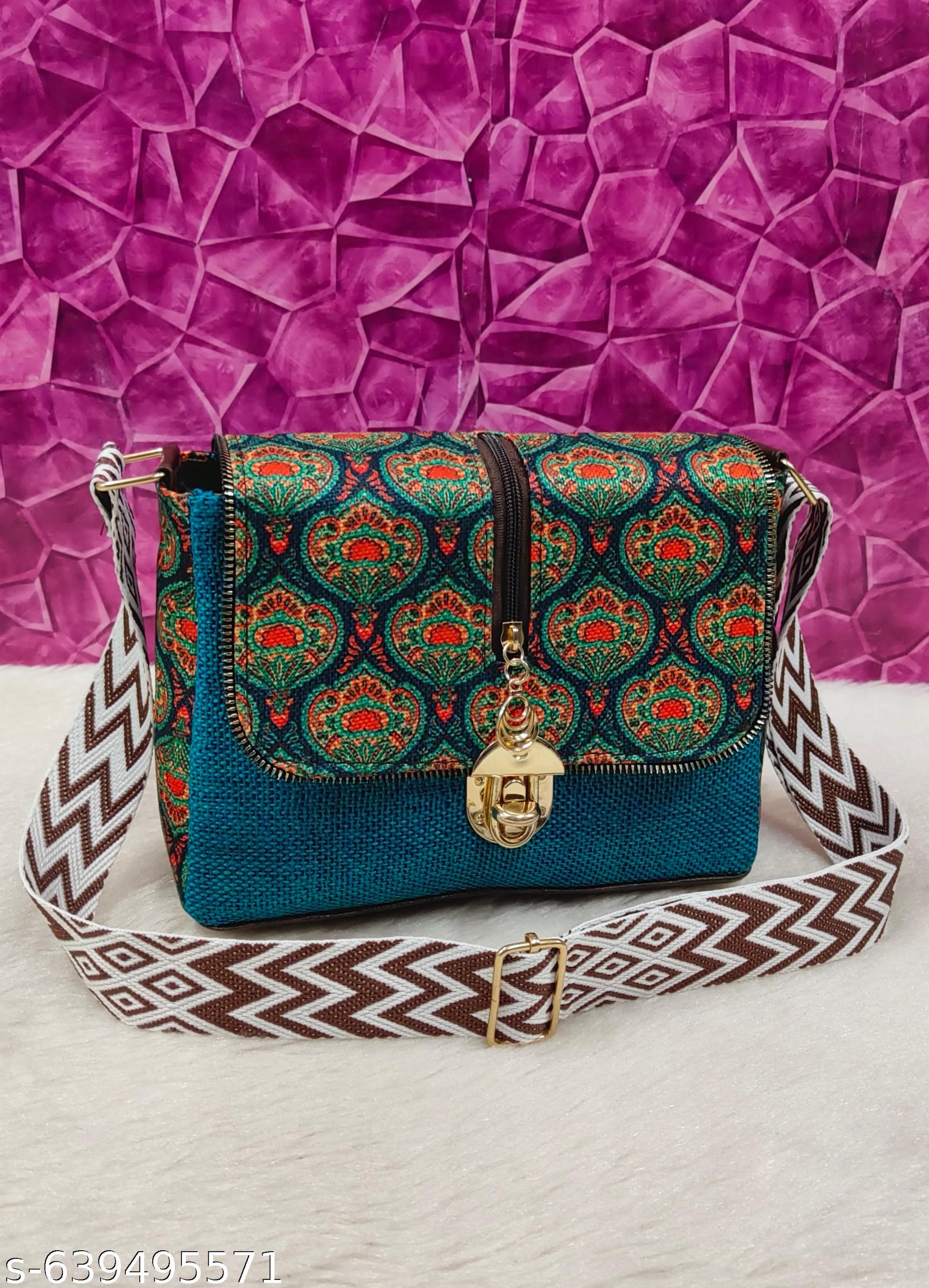 New stylish women Blue PU sling bags/Cotton Fabric sling bags for women/Full handwork bag/Party wear and wedding bag for women - Unixkart - View 4