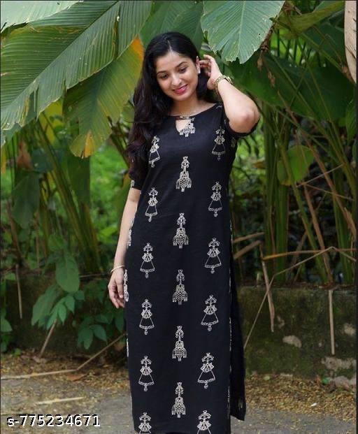 Women’s Black V-Notch Neck Cotton Printed Straight Kurti - Image 4