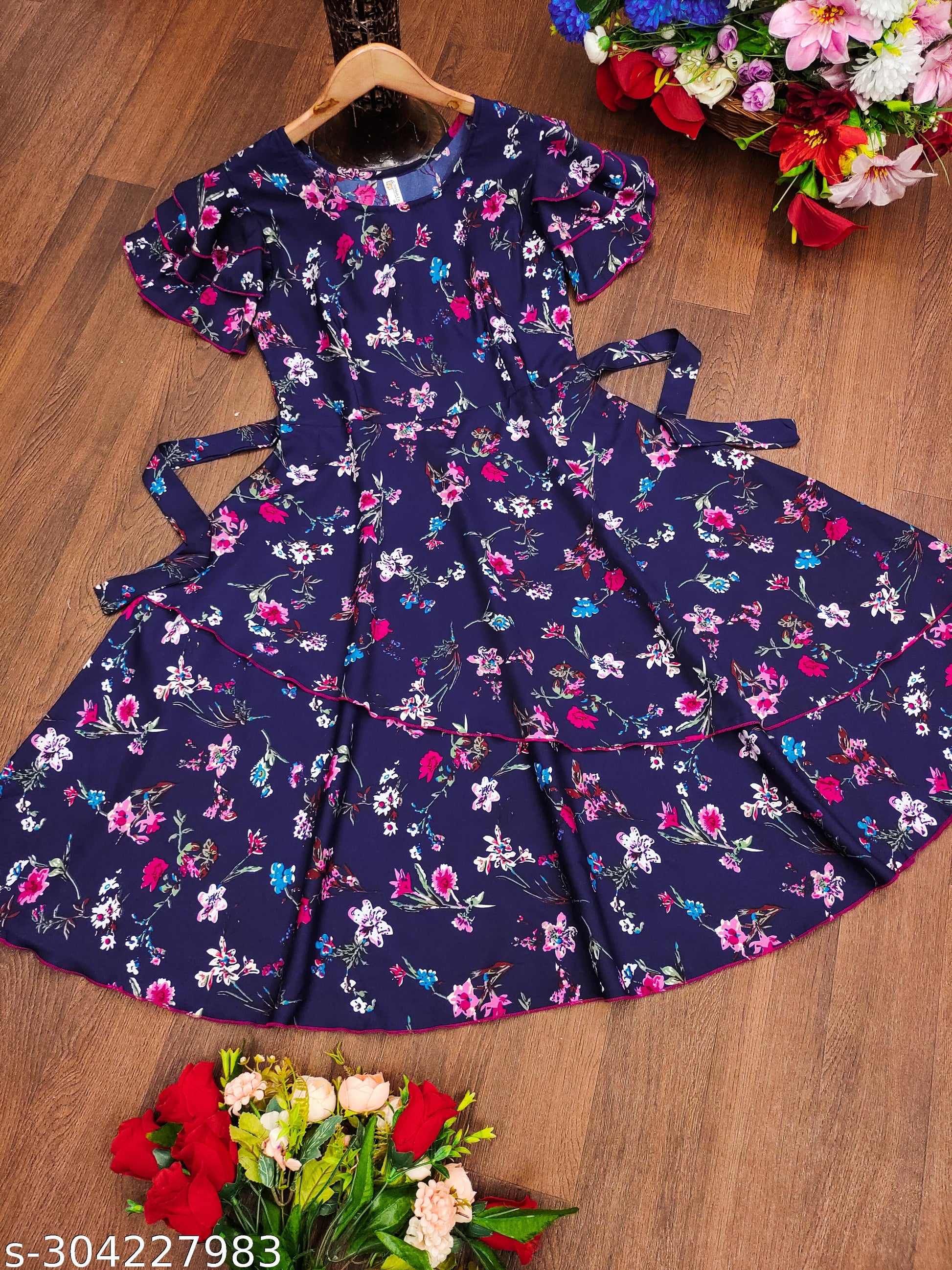 Women's Navy Blue & Pink Floral Print Layered Dress - Unixkart - View 4