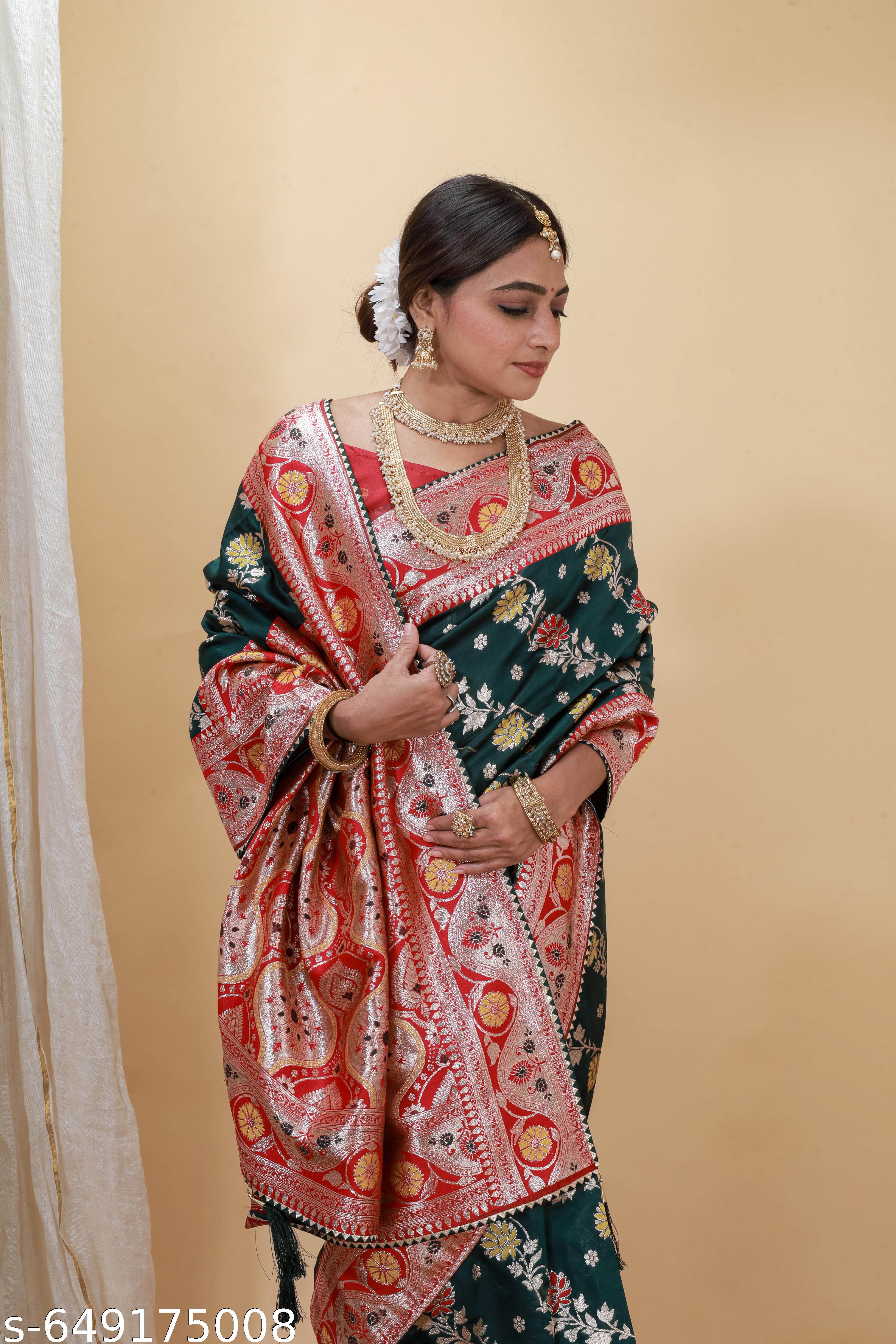 Pure Soft Banarsi Silk Meenakari Design Rich Tesseled Pallu & Zari Weaving Border Saree for Women wi - Unixkart - View 4