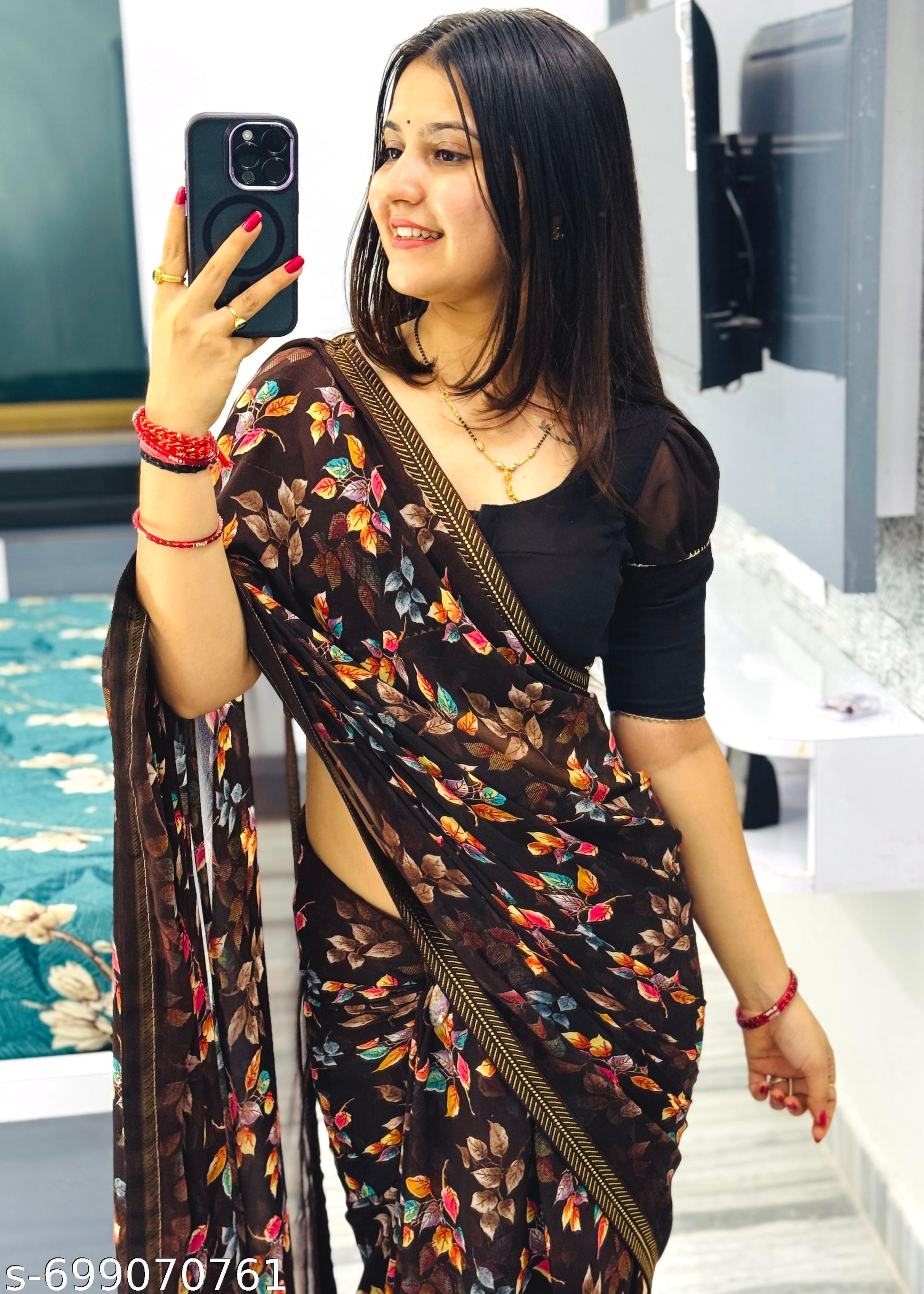 Georgette Printed Saree with Lace Border - Unixkart - View 4