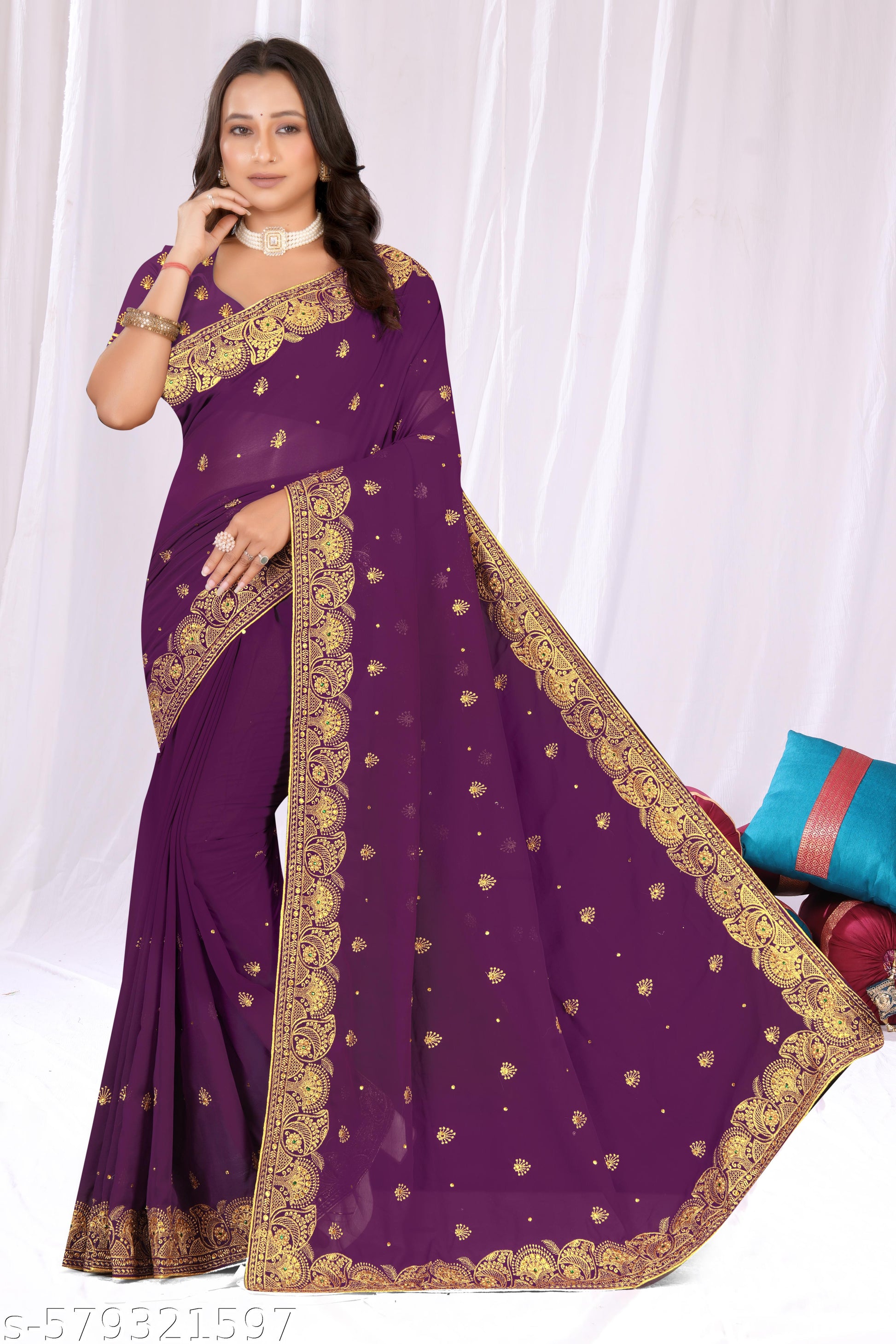 heavy Embroidery Work With Stone Work Saree - Unixkart