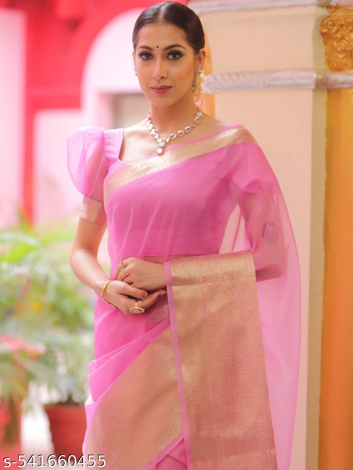 Banarasi Silk Organza Plain Light Pink Saree - Unixkart - View 4