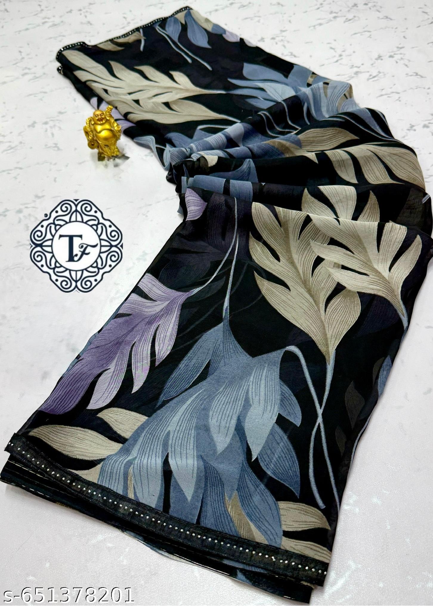 Black Weightless Printed Georgette Party Saree - Unixkart - View 4