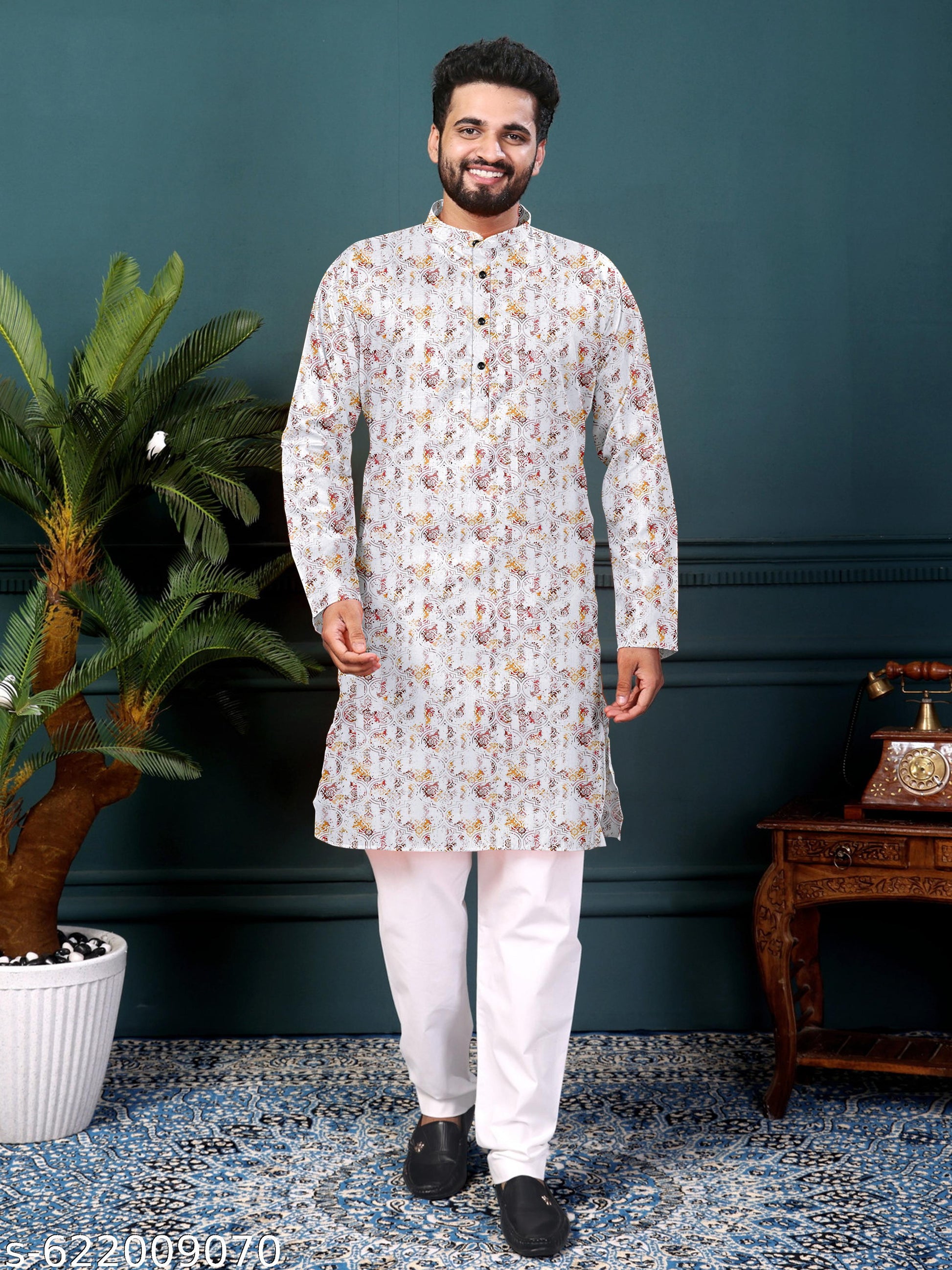 Men's Printed Classic Mandarin Collar Kurta - Unixkart - View 4