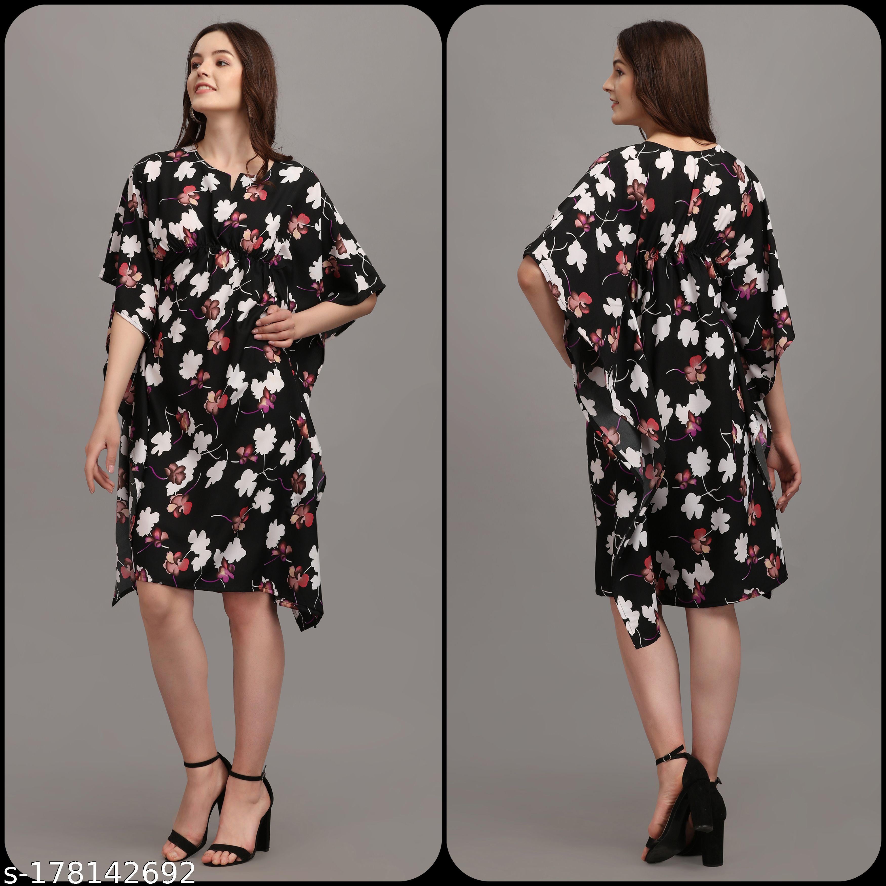 Women's Black & White Floral Print Kaftan Dress - Unixkart - View 4