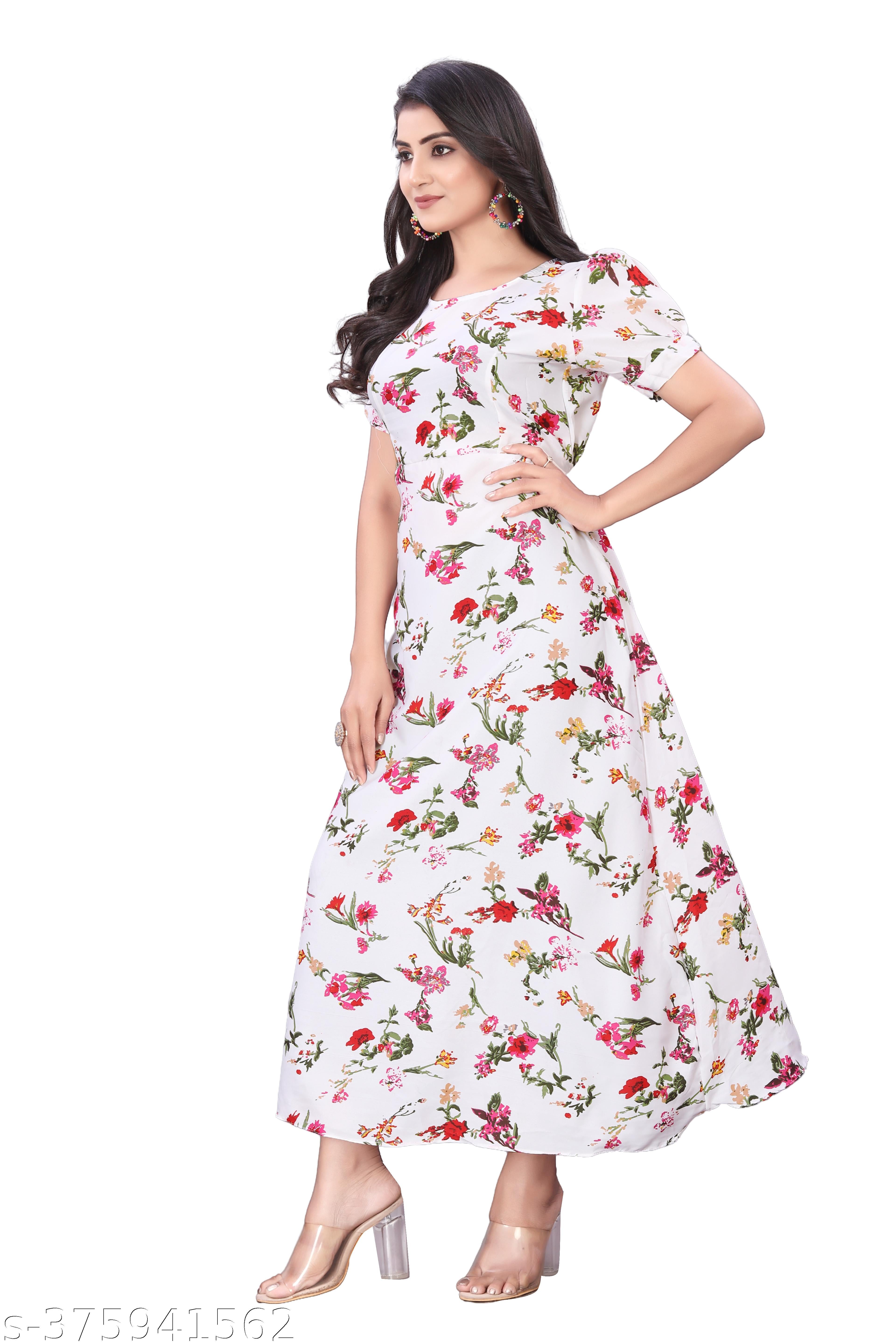 Women's White & Red Puffed Sleeve Maxi Dress - Unixkart - View 4