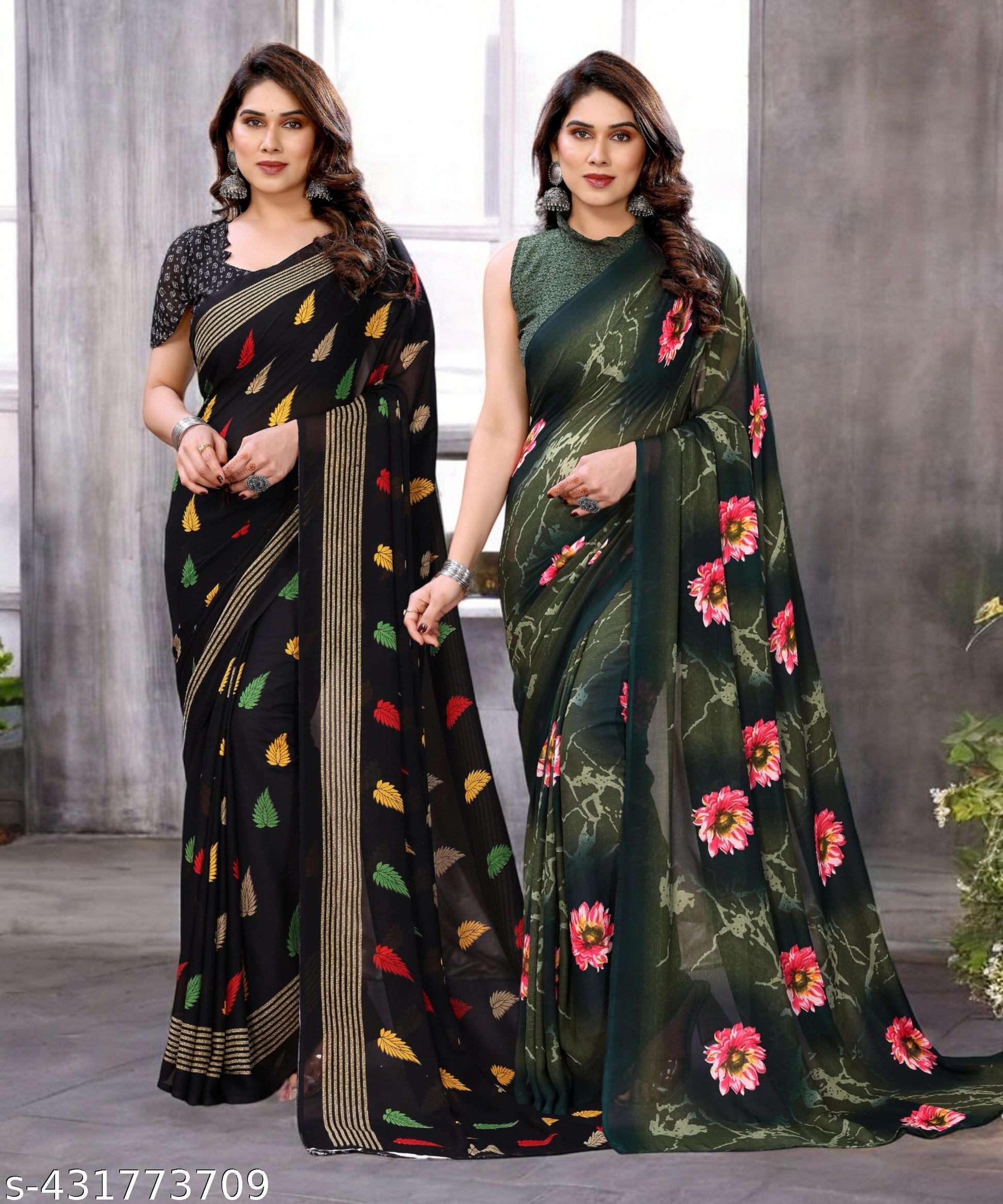 Combo Saree, Daily Wear Georgettete Sarees with Blouse Piece (Pack of 2) - Unixkart
