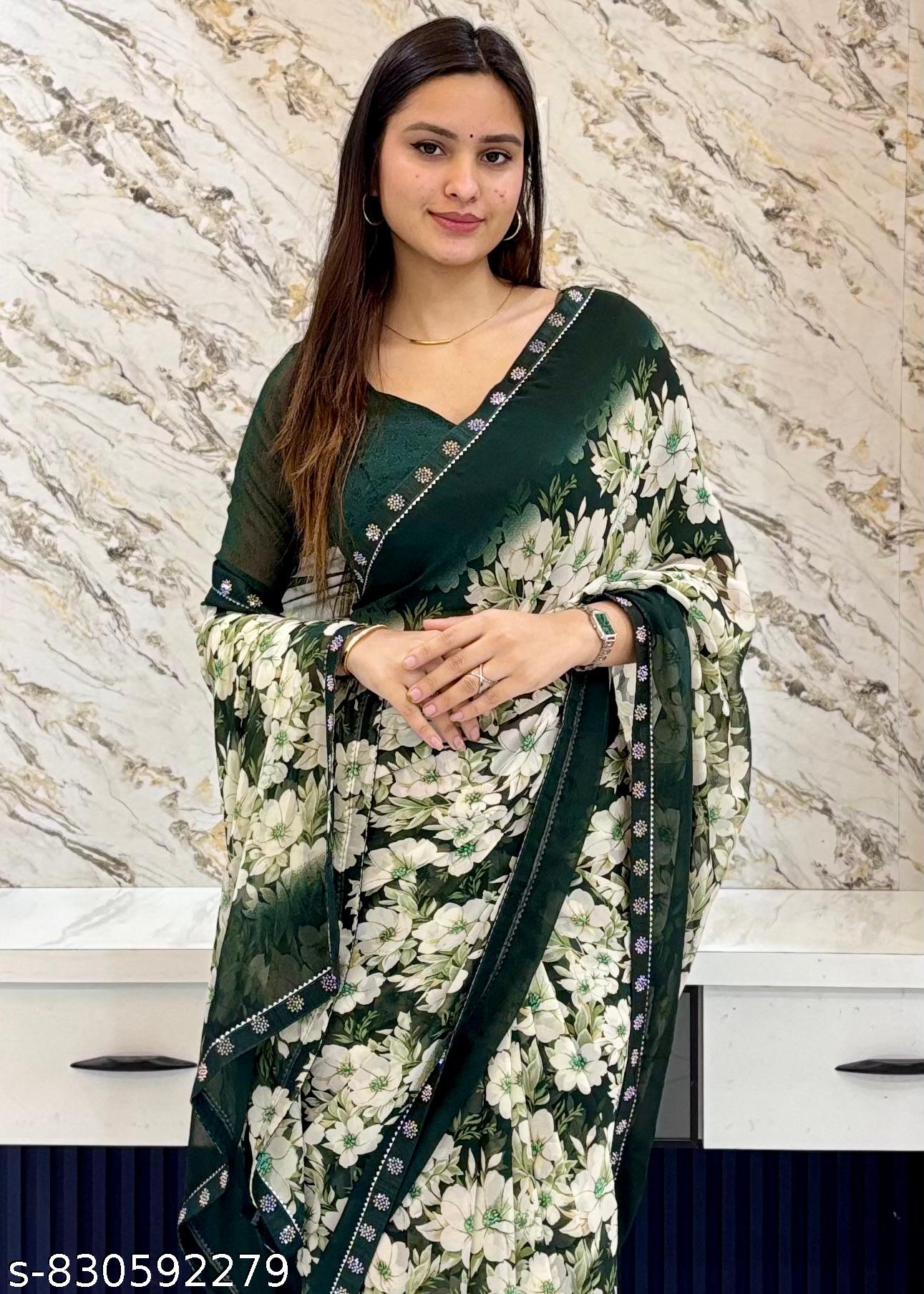 Georgette Printed Saree with Lace Border - Unixkart - View 4