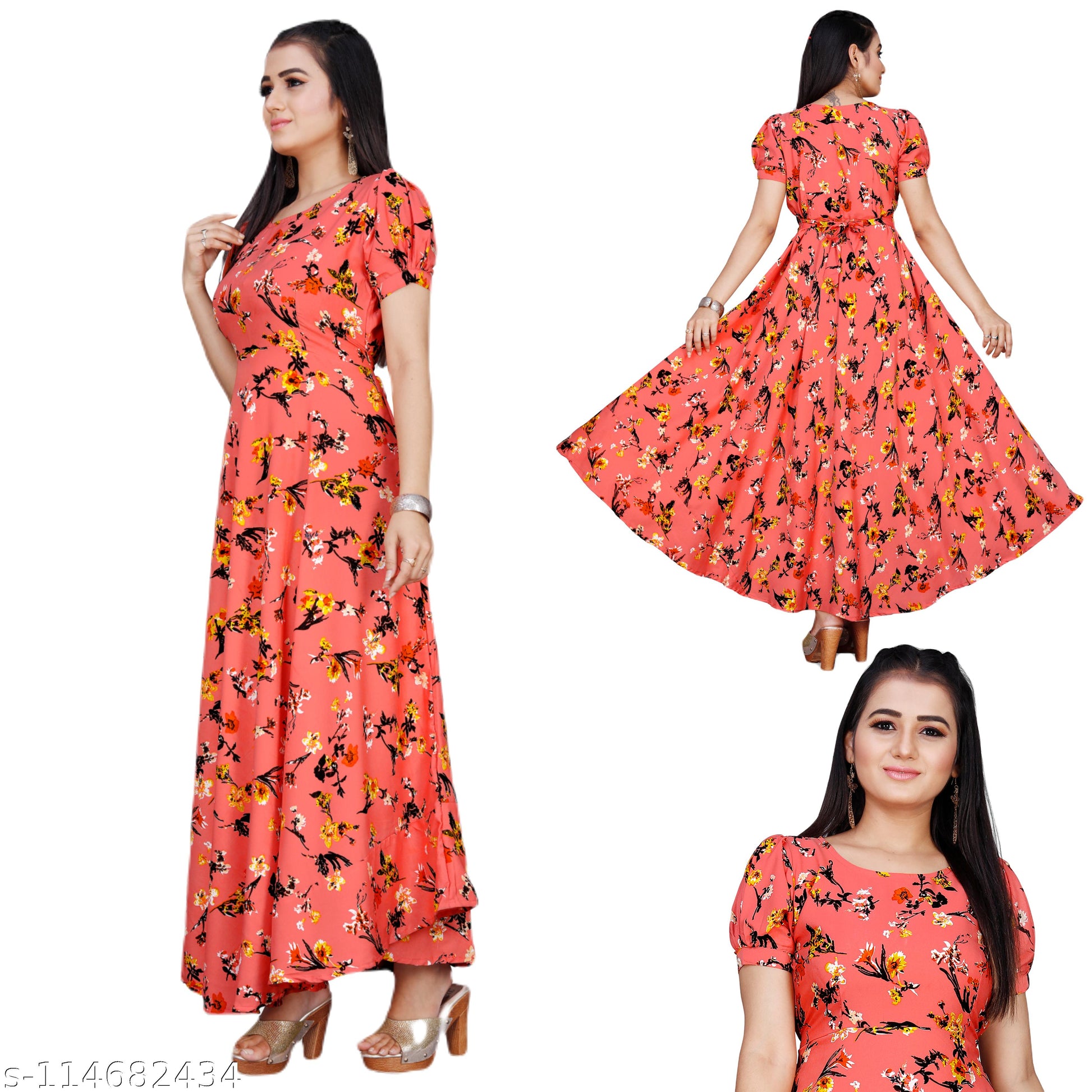 Women's Peach & Black Puffed Sleeve Maxi Dress - Unixkart - View 4