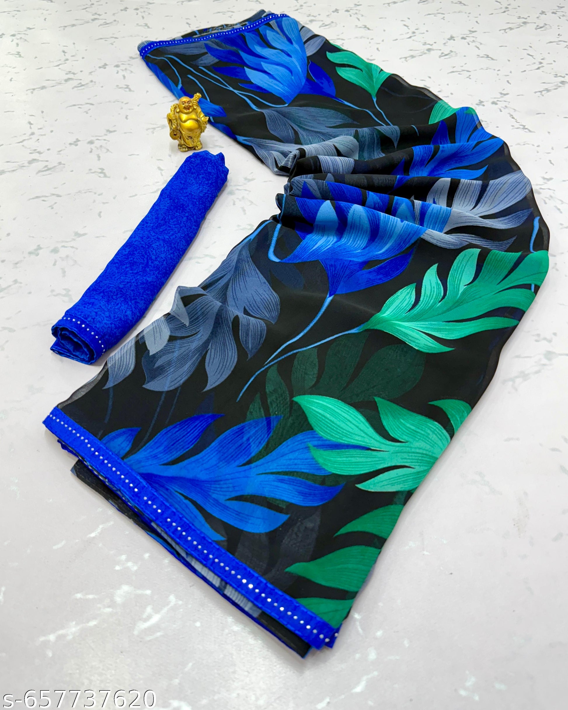Blue Weightless Printed Georgette Party Saree - Unixkart - View 4