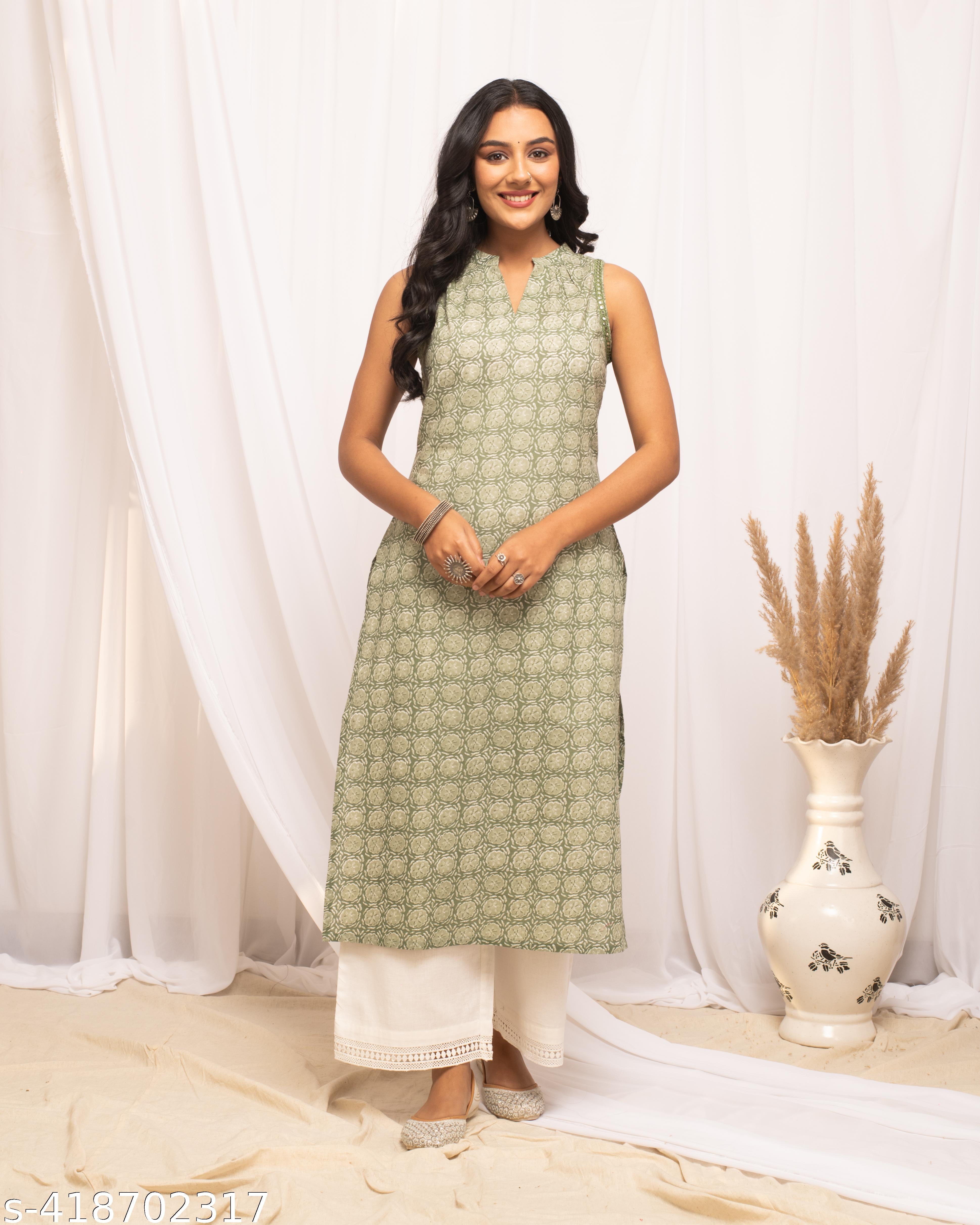 Light Green Floral Printed Cotton Straight Kurta for Women view 4