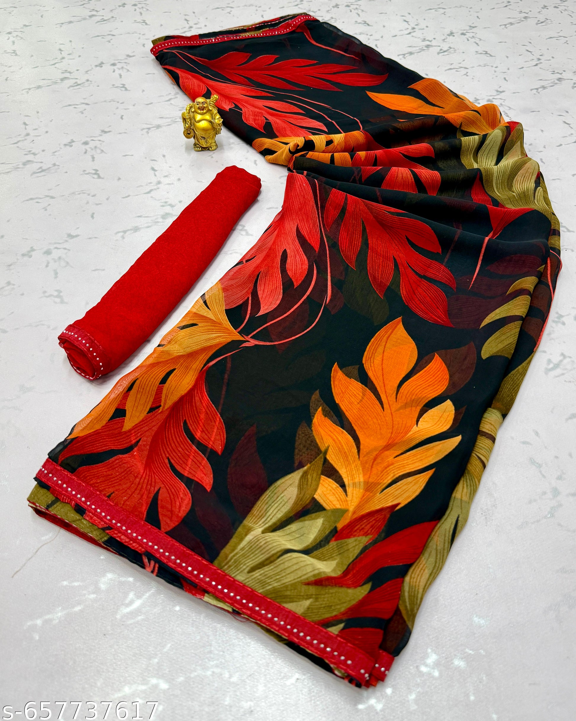 Red Weightless Printed Georgette Party Saree - Unixkart - View 4