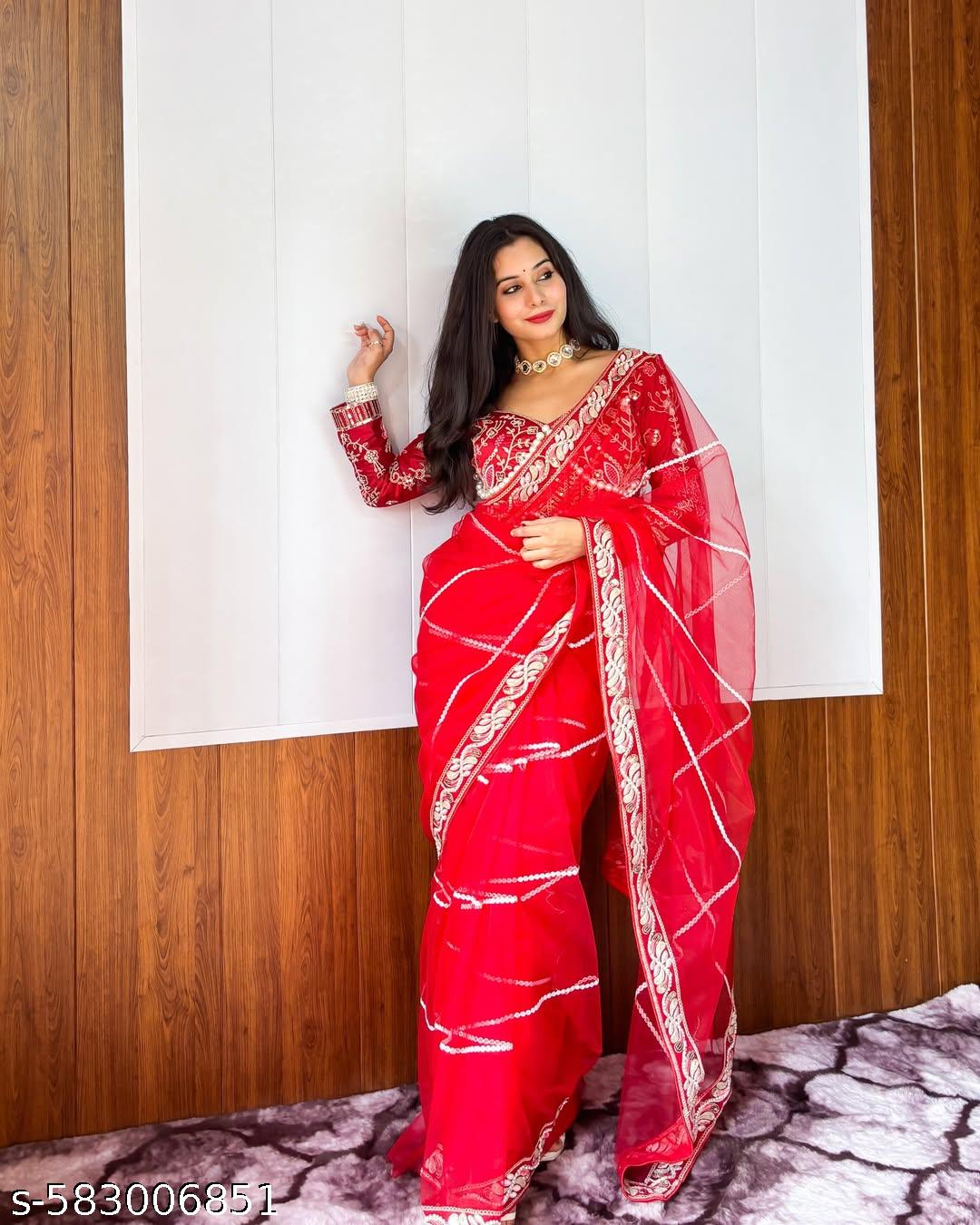 red net embroidery saree /with moti work blouse - Unixkart - View 4