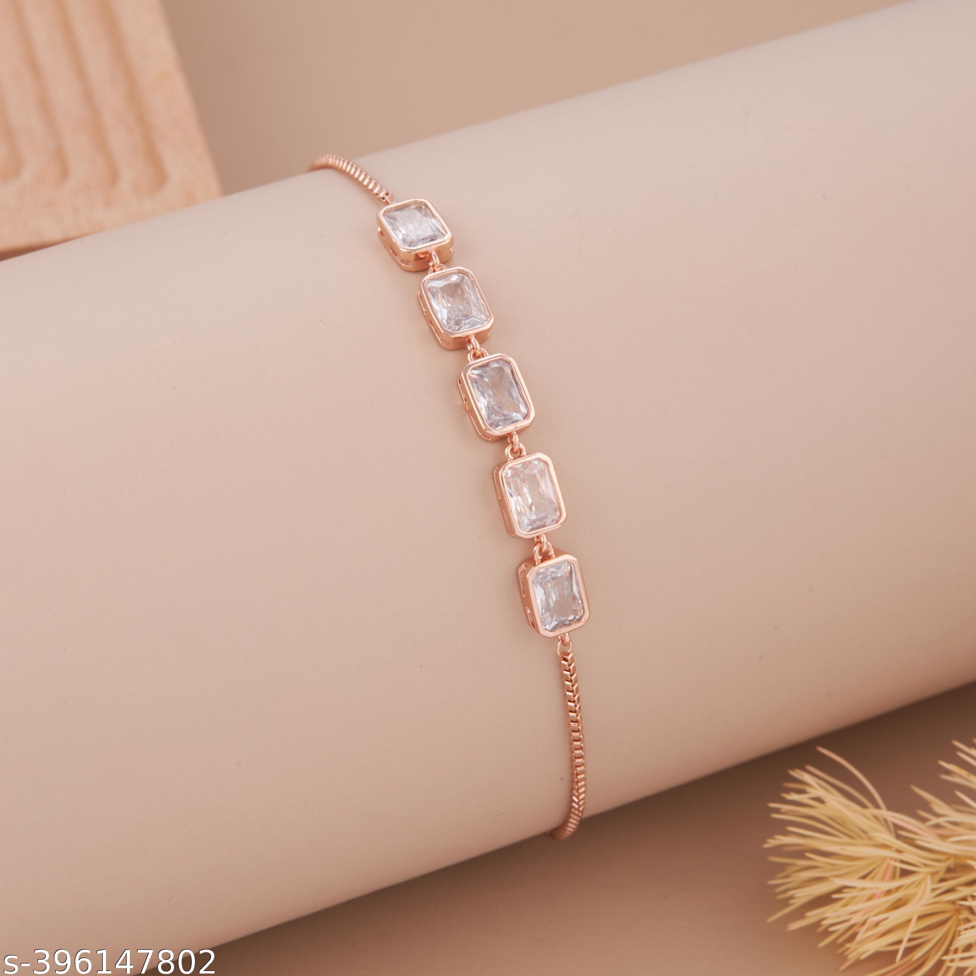 Elegant Rose Gold-Plated Bracelet with Rectangular American Diamond Stones for Women and Girls - Unixkart - View 4