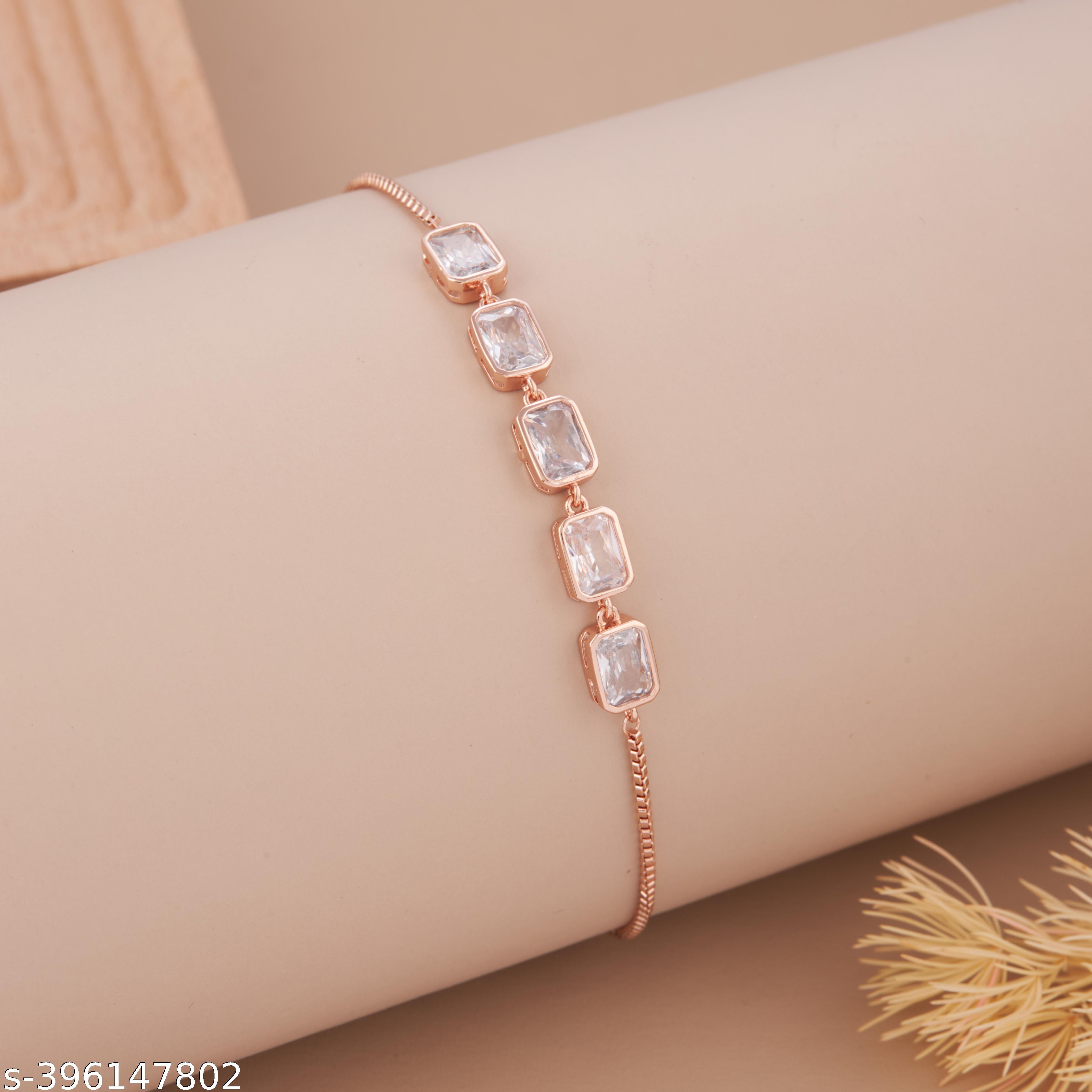 Elegant Rose Gold-Plated Bracelet with Rectangular American Diamond Stones for Women and Girls - Unixkart - View 4