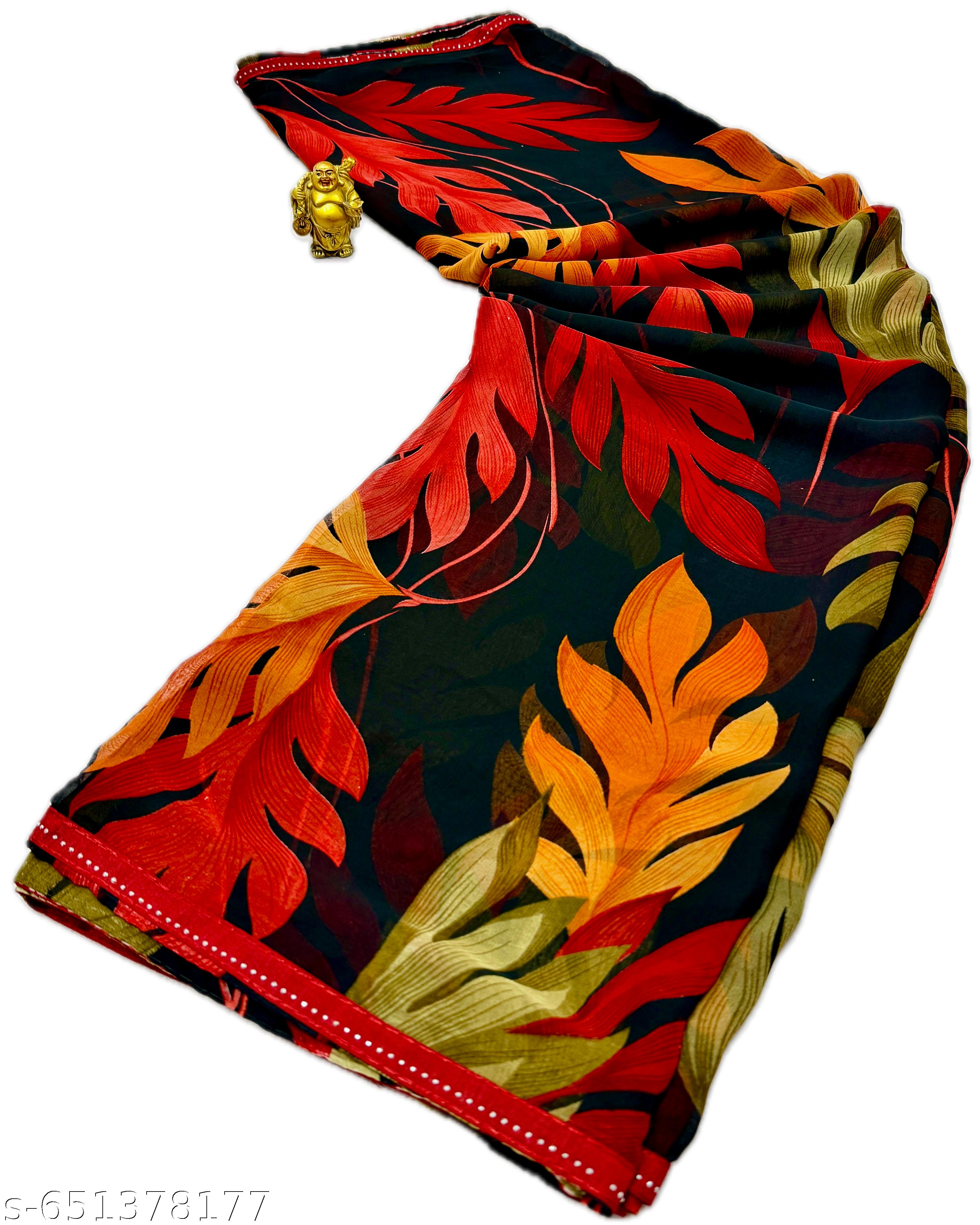Red Weightless Printed Georgette Party Saree - Unixkart - View 4