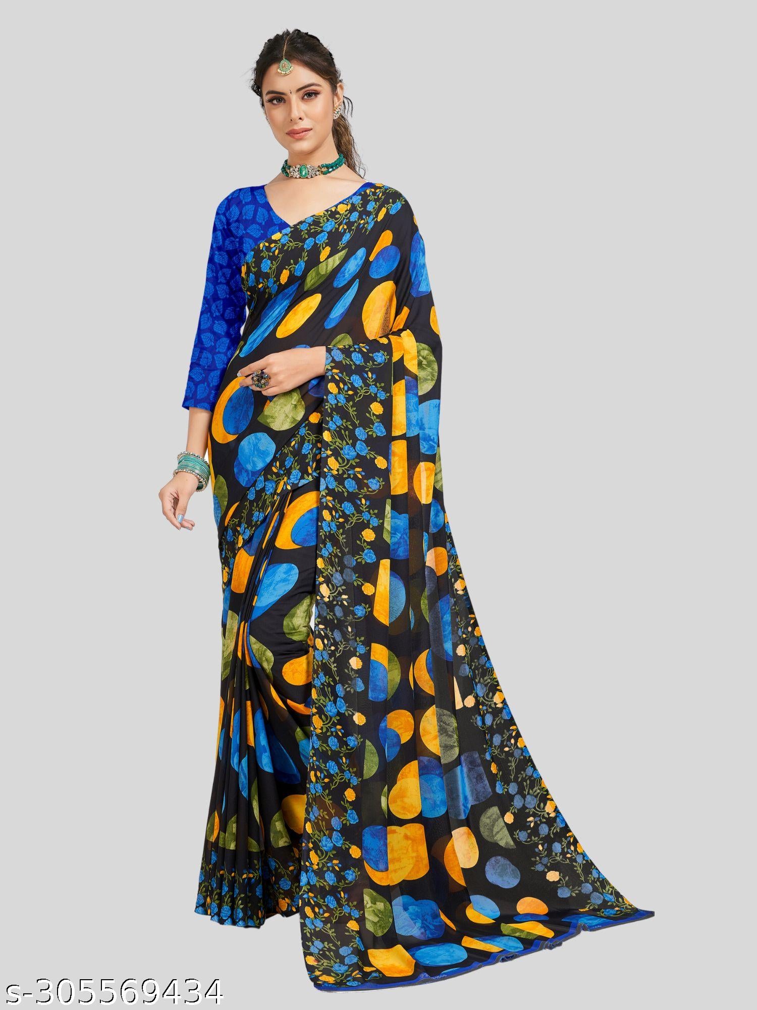 Women's Polka Dot Printed Georgettete Saree - Unixkart - View 4