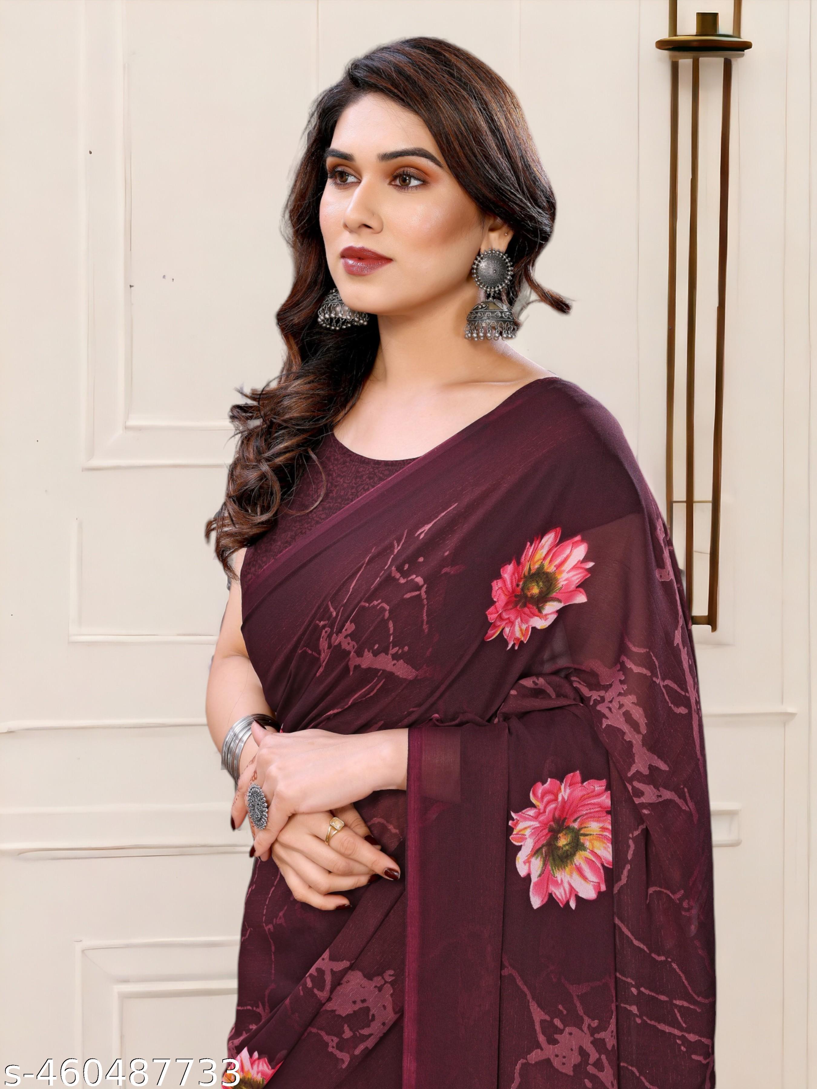 Women's Bollywood Floral Printed Magenta Georgettete Saree - Unixkart