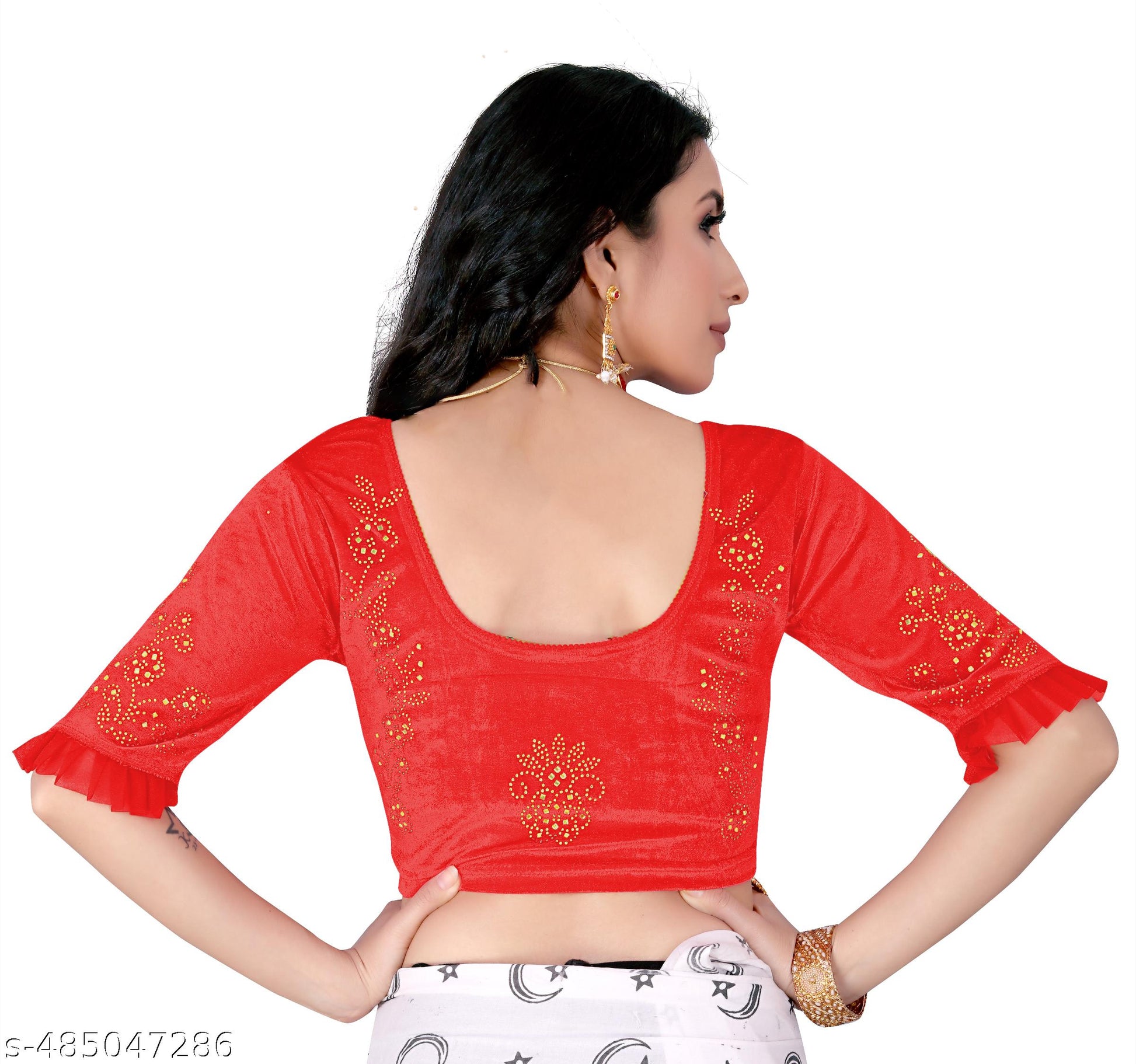 Stylish Velvet Blouse with Golden Stone Work for Sarees and Lehenga - Unixkart - View 4
