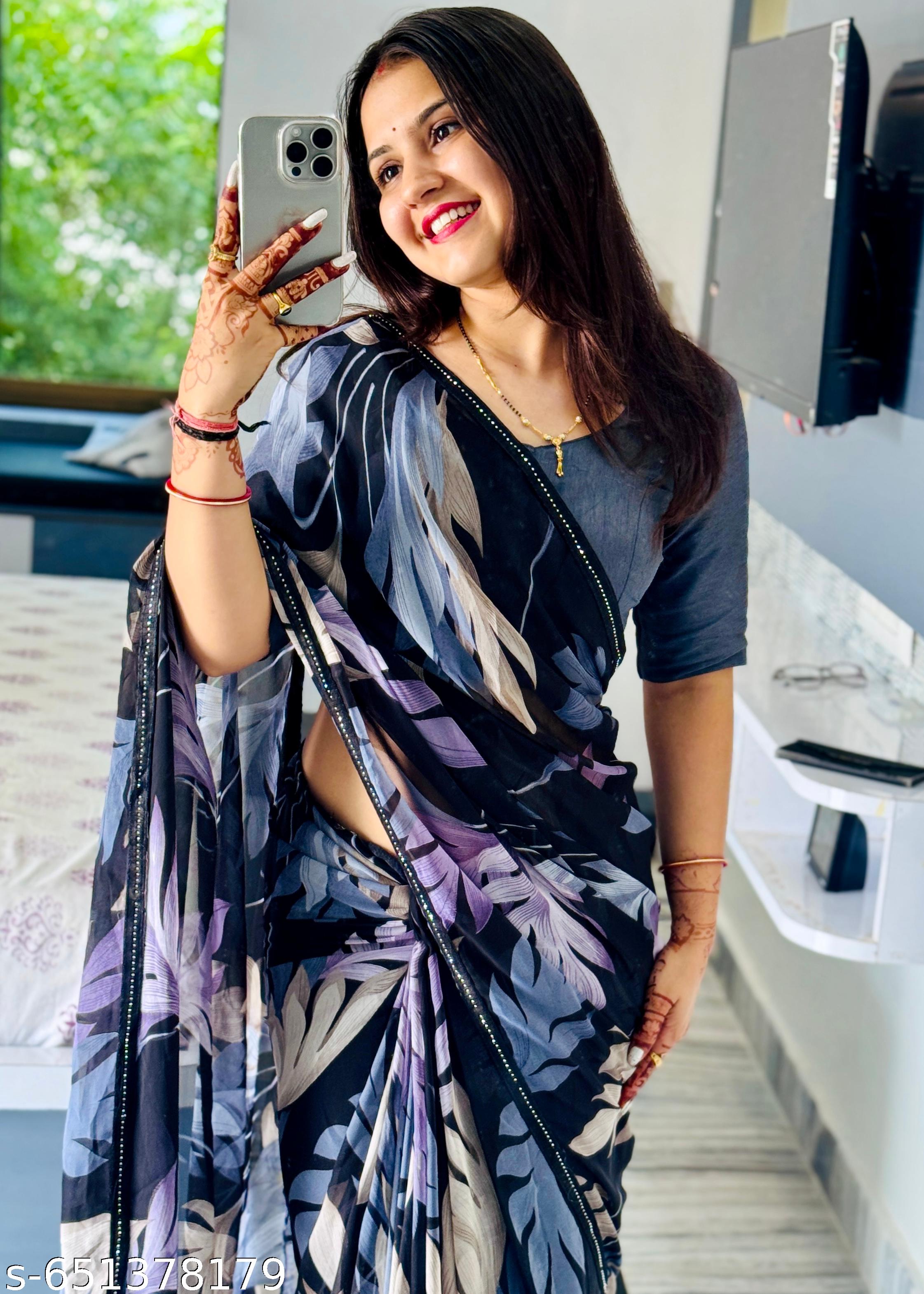 Black Weightless Printed Georgette Party Saree - Unixkart - View 4