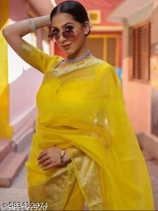 Elegant Yellow Chiffon Saree with Golden Border - Unixkart - View 4