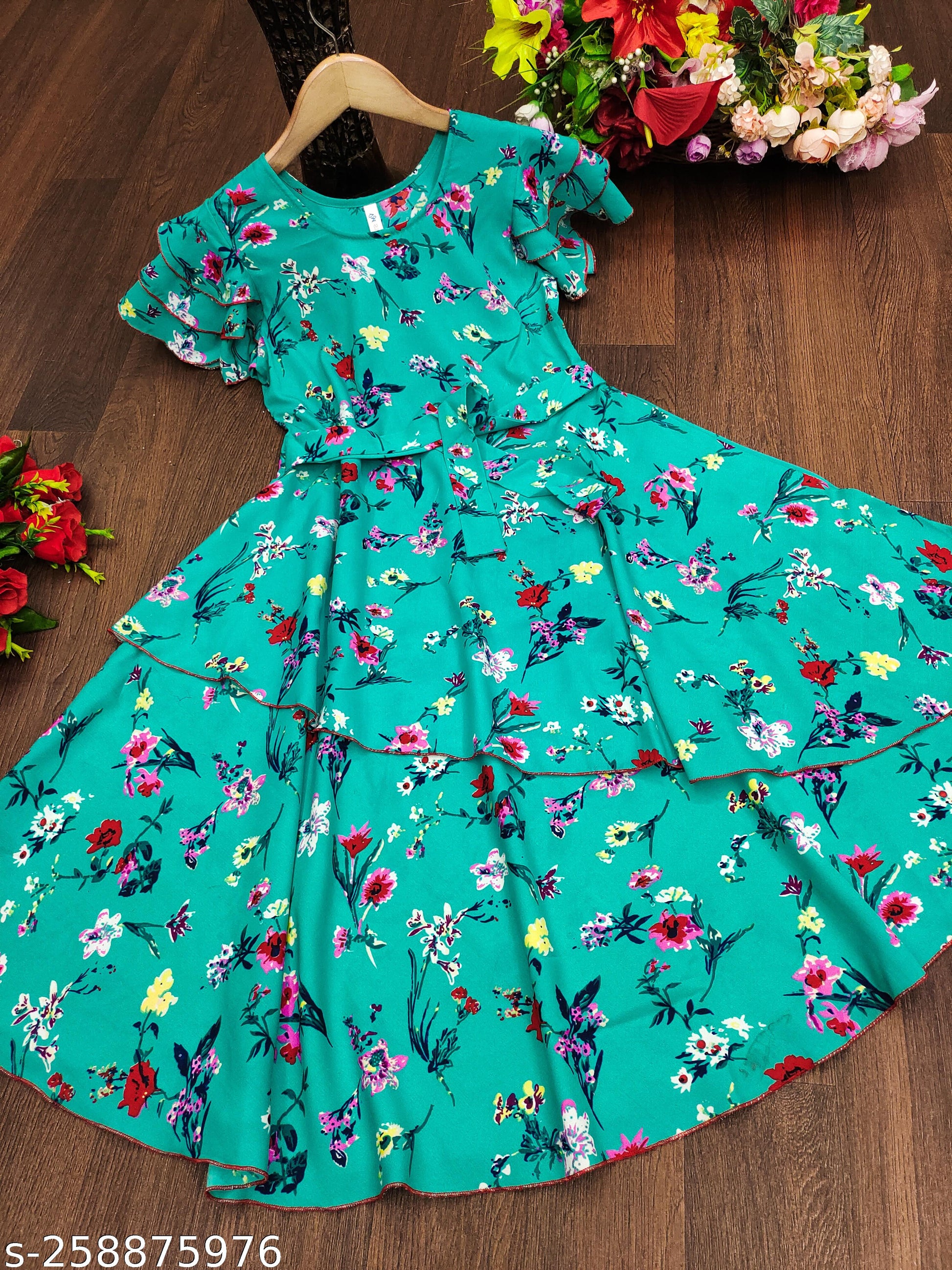 Girls Sea Green & Pink Floral Print Layered Dress - Unixkart - View 4