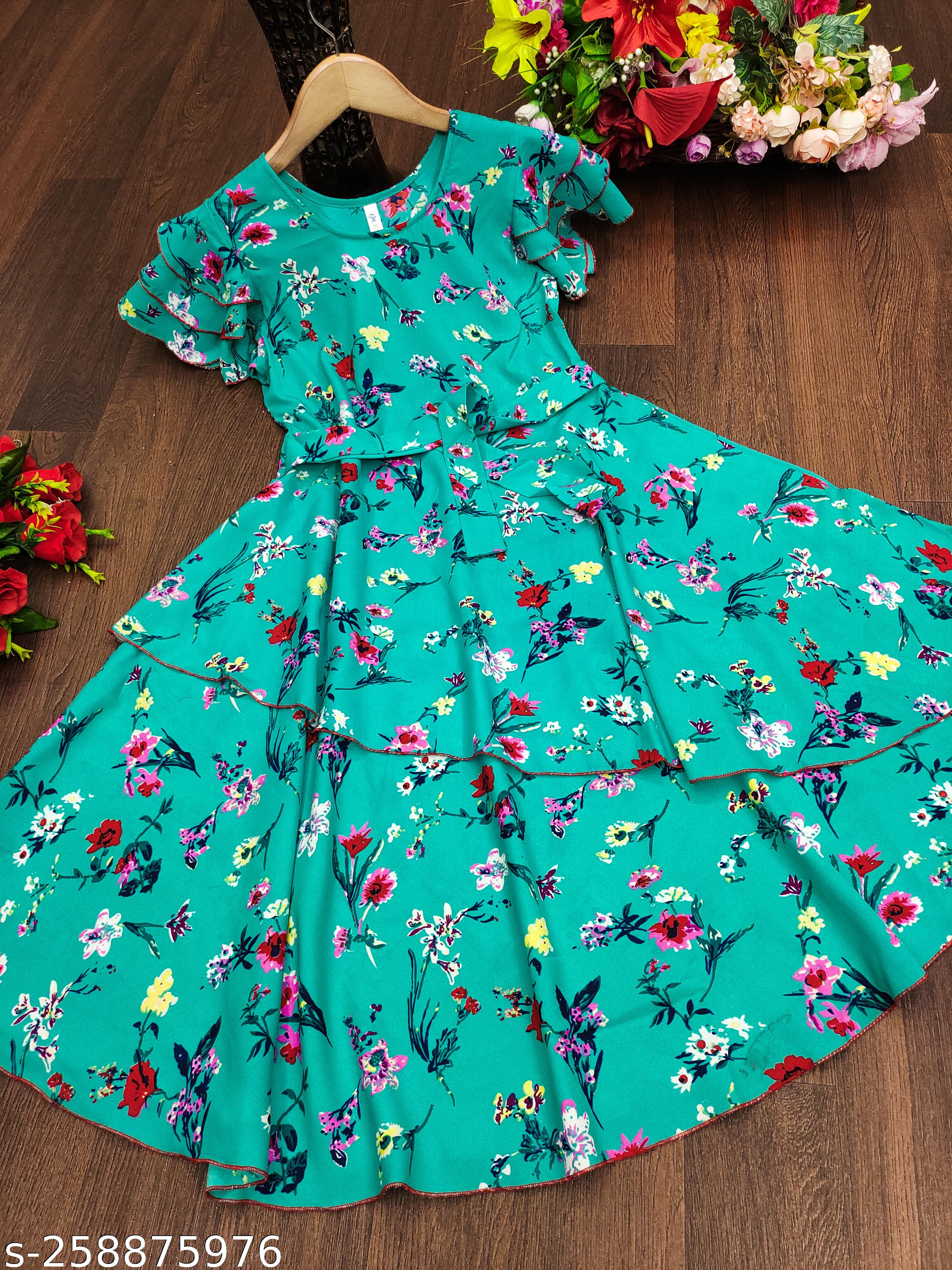 Girls Sea Green & Pink Floral Print Layered Dress - Unixkart - View 4