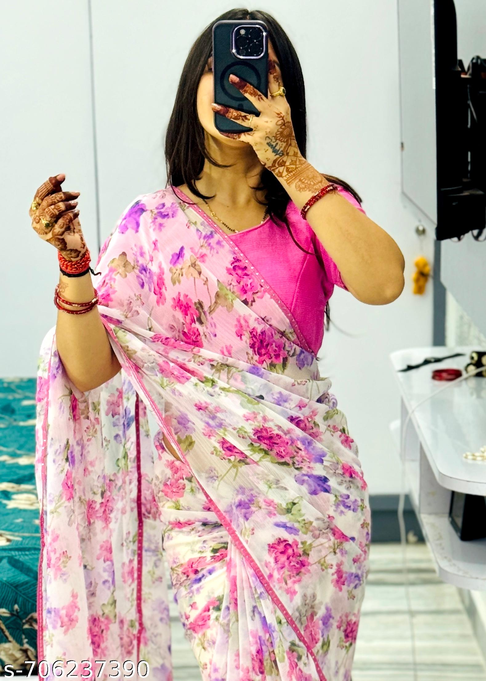 Georgette Printed Saree with Lace Border - Unixkart - View 4