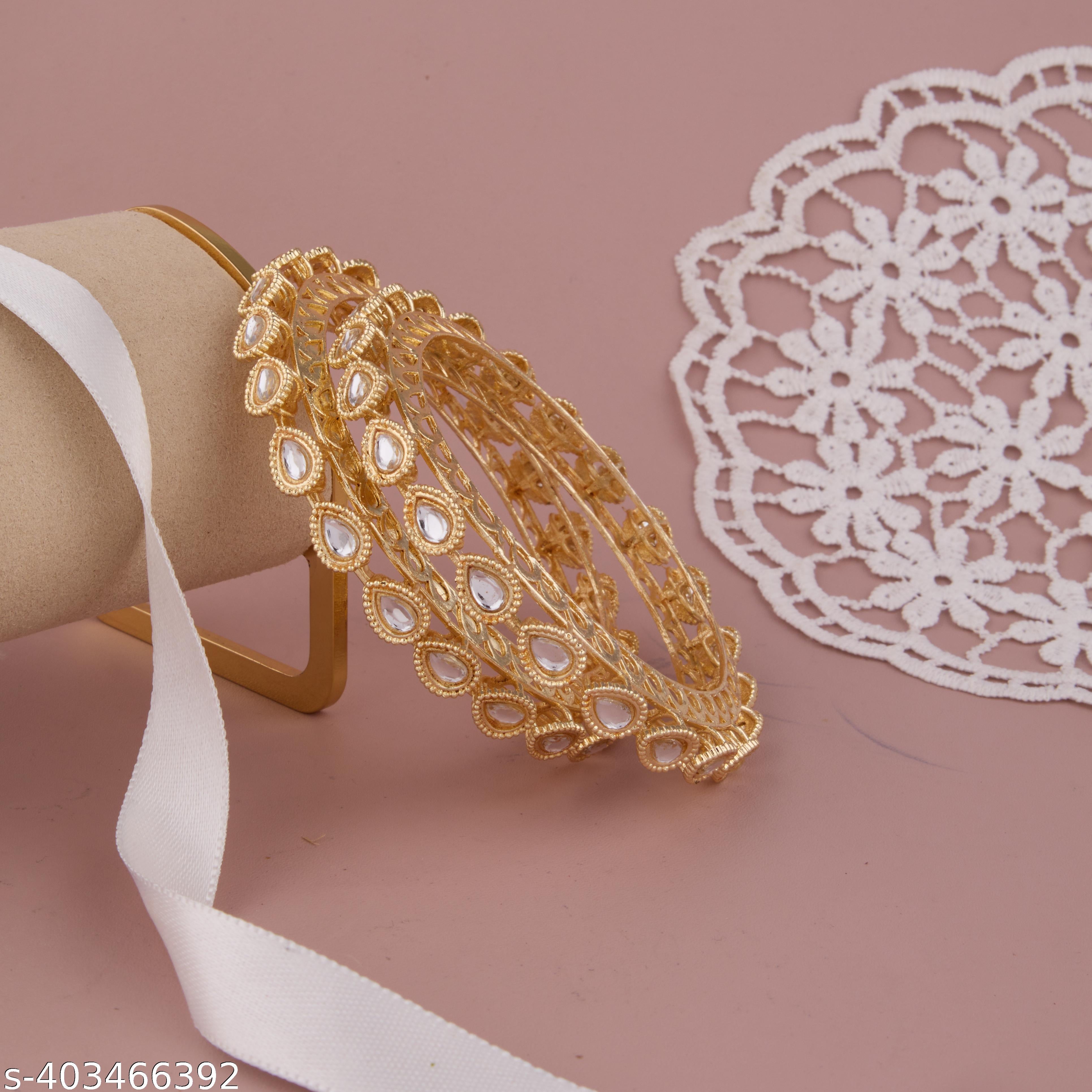 New Latest Gold-Plated Brass Ethnic Casual Kundan Polki Patla/Kangan/Bangles For Women And Girls Set - Unixkart - View 4