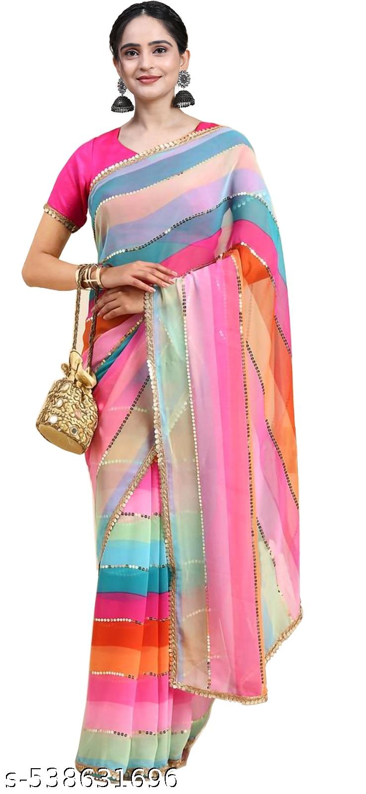 Strip Print Bollywood Georgettete Saree (Multicolor) - Unixkart