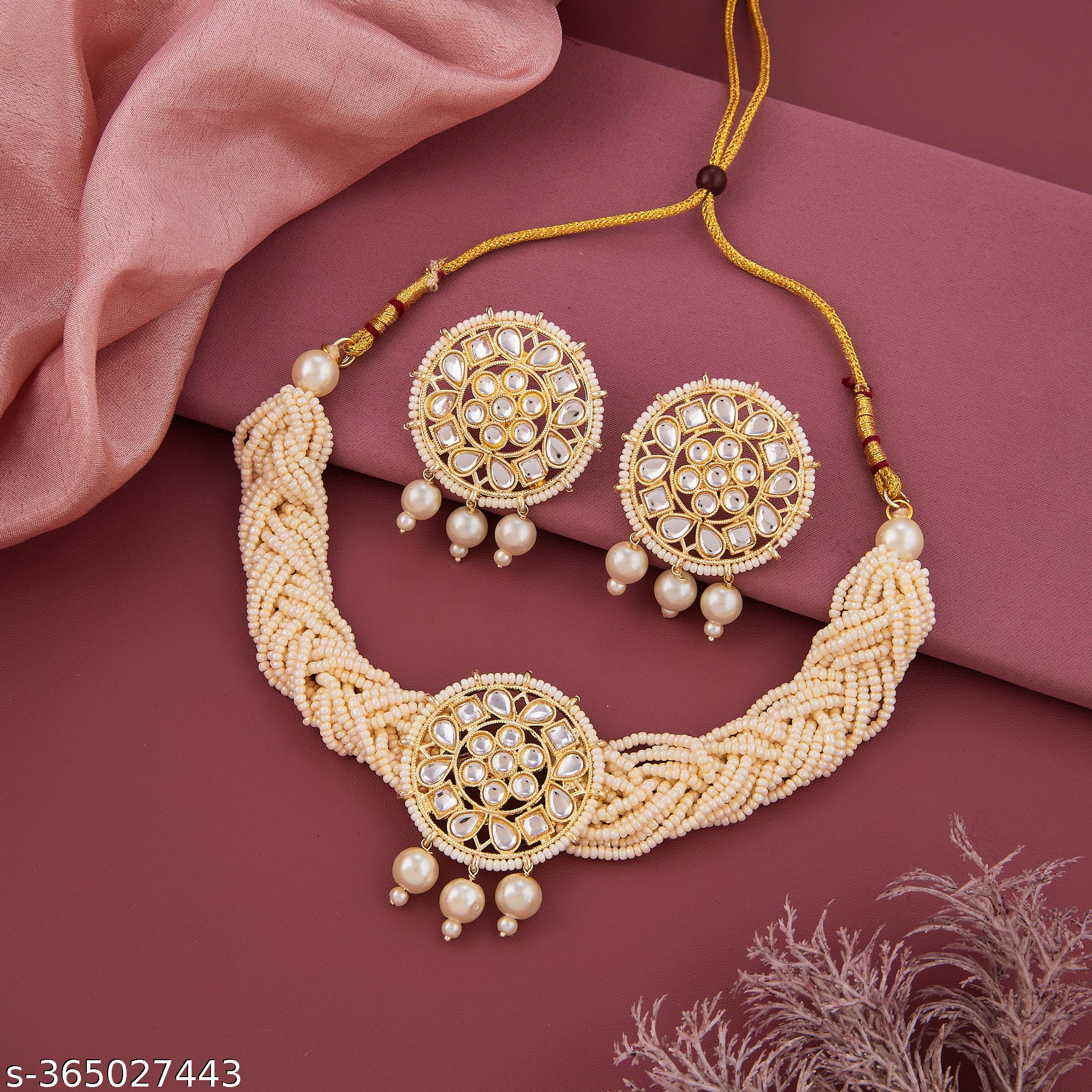 Royal Round Kundan and Pearl Choker Necklace Set for Women and Girls - Unixkart - View 4