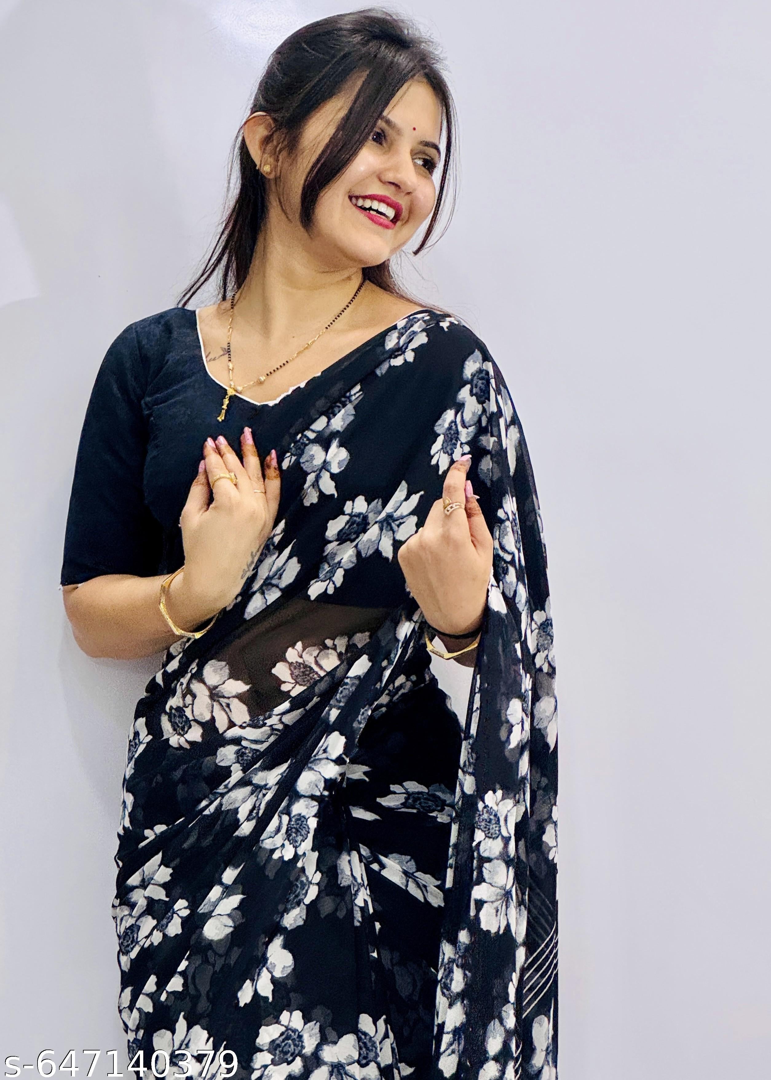 Black Weightless Printed Georgette Saree - Unixkart - View 4