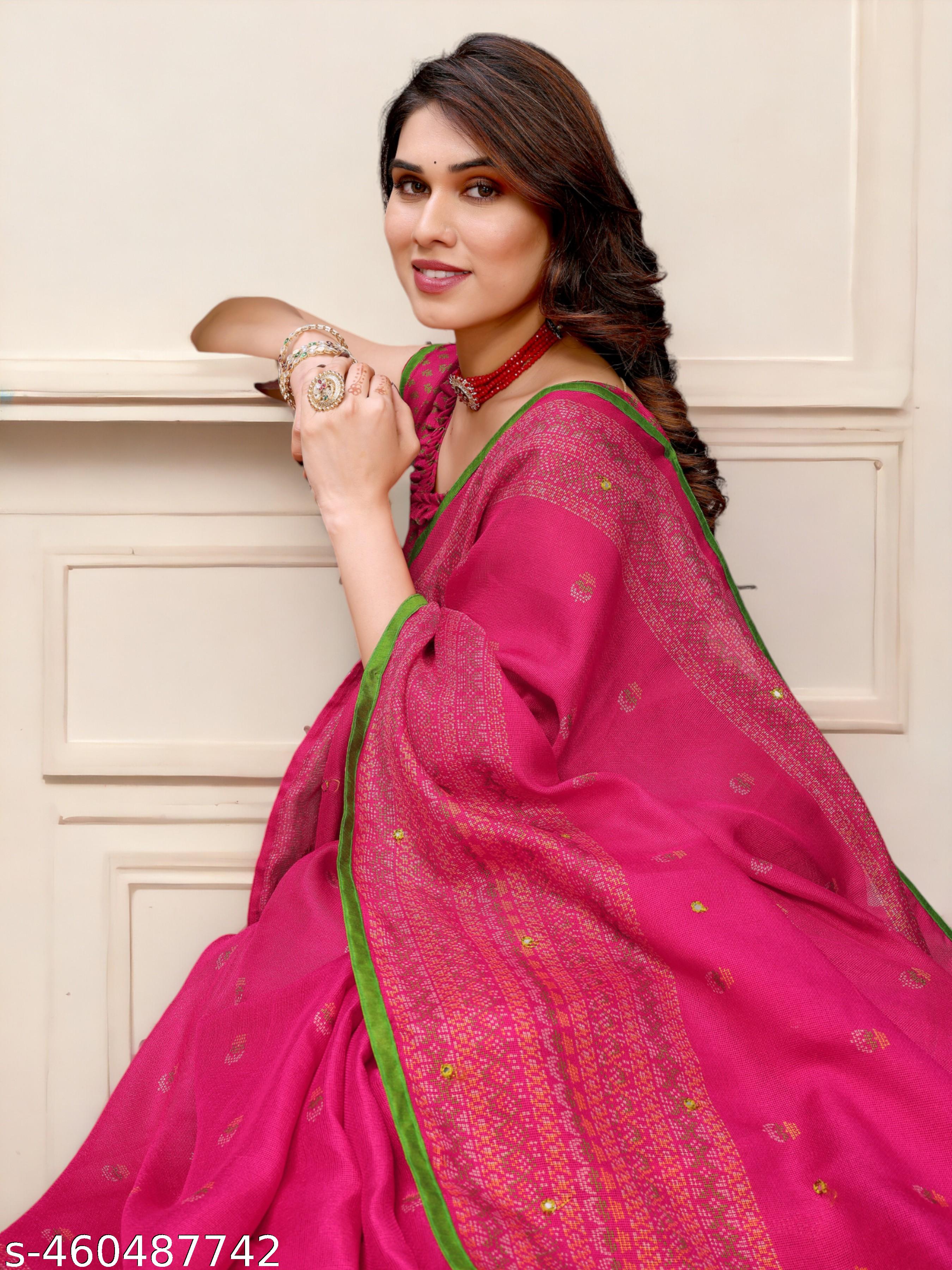 Women's Bollywood Jute Cotton Printed With Lace Border, New Collection - Unixkart