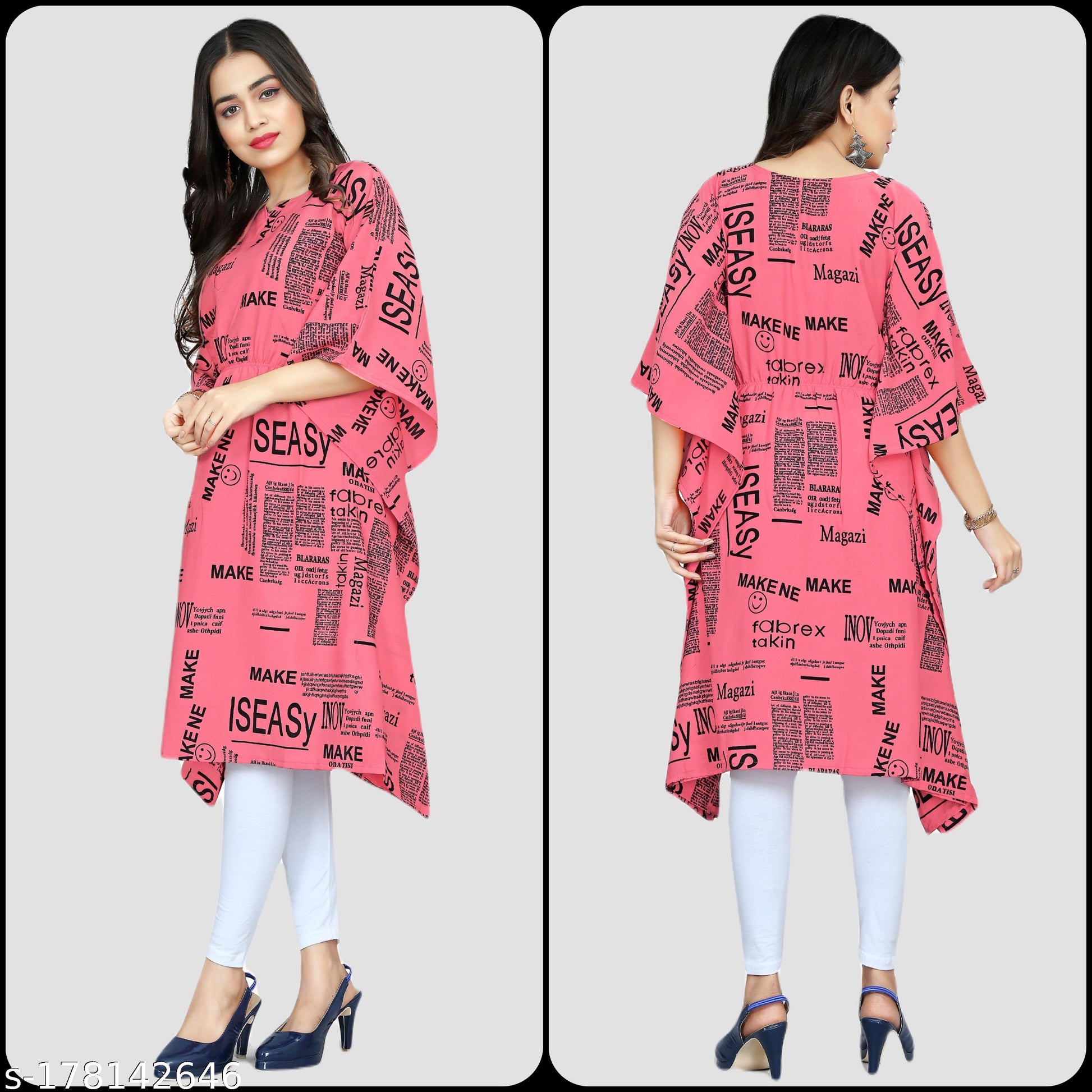 Women's Peach & Black Text Print Kaftan Dress - Unixkart - View 4