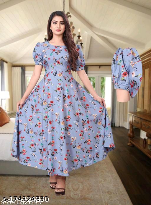 Women's Trendy A-Line Grey Crepe Puff Sleeve Gown - Unixkart - View 4