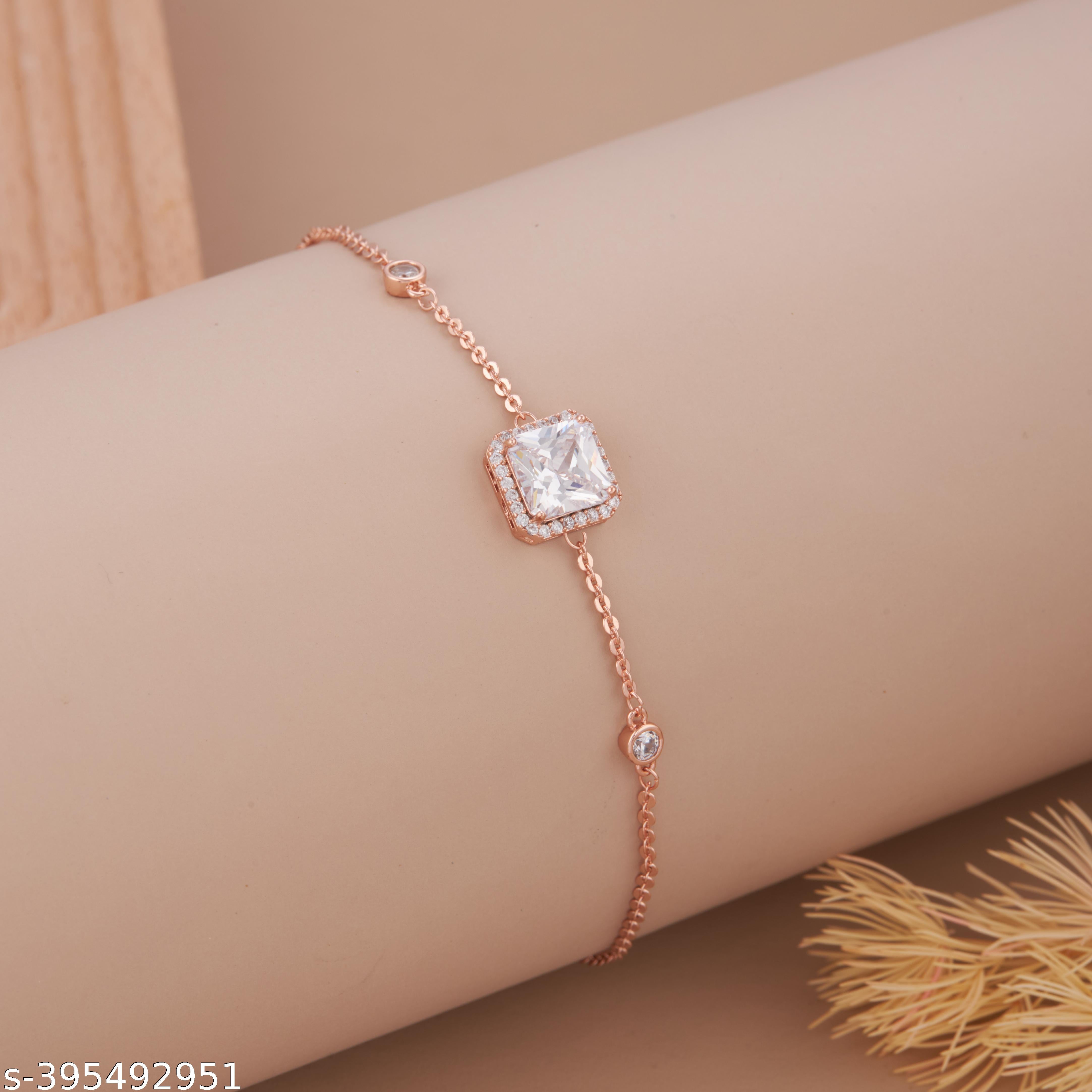 Elegant Rose Gold-Plated Square Solitaire Bracelet with American Diamonds for Women and Girls - Unixkart - View 4