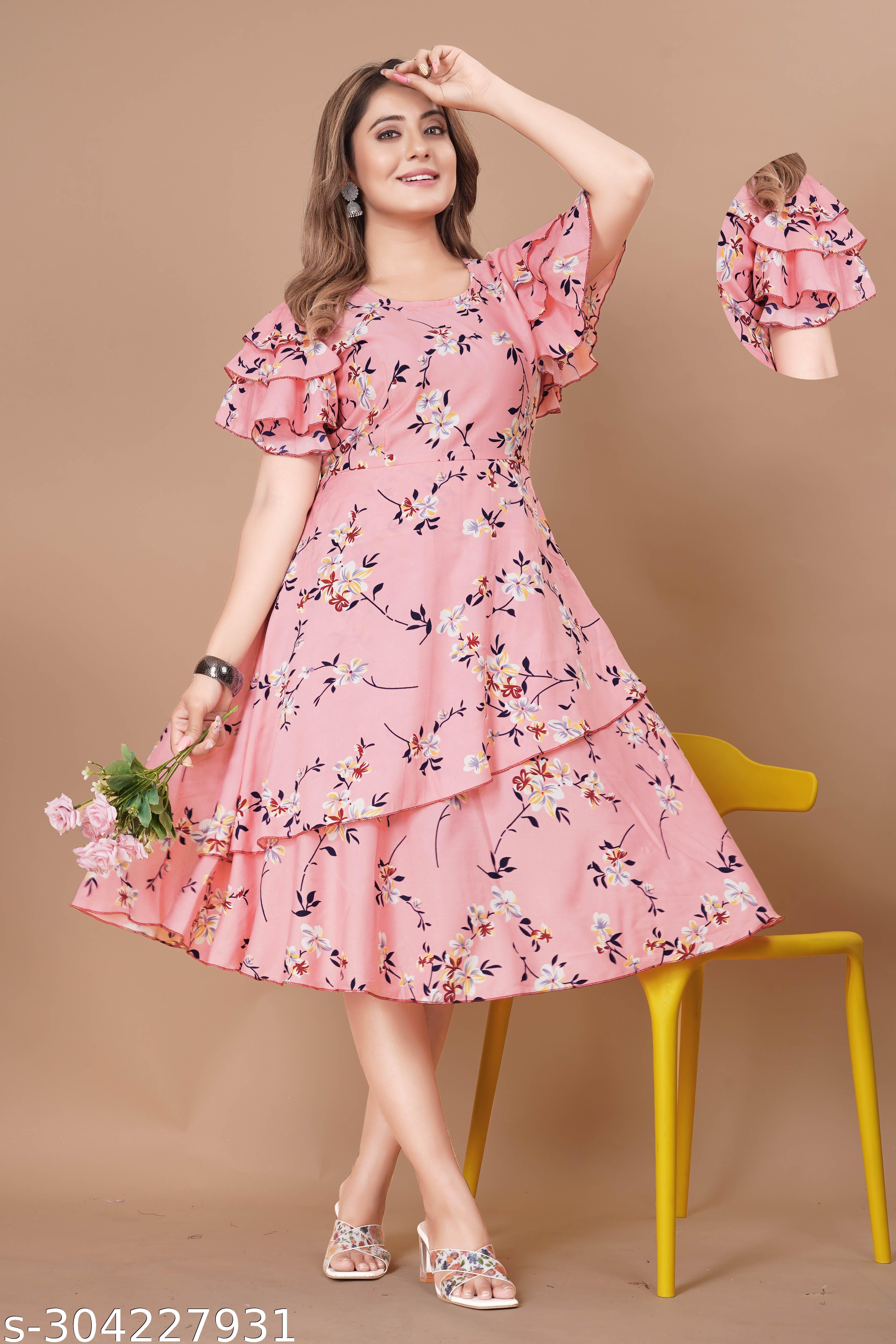 Women's Pink & White Floral Print Layered Dress - Unixkart - View 4