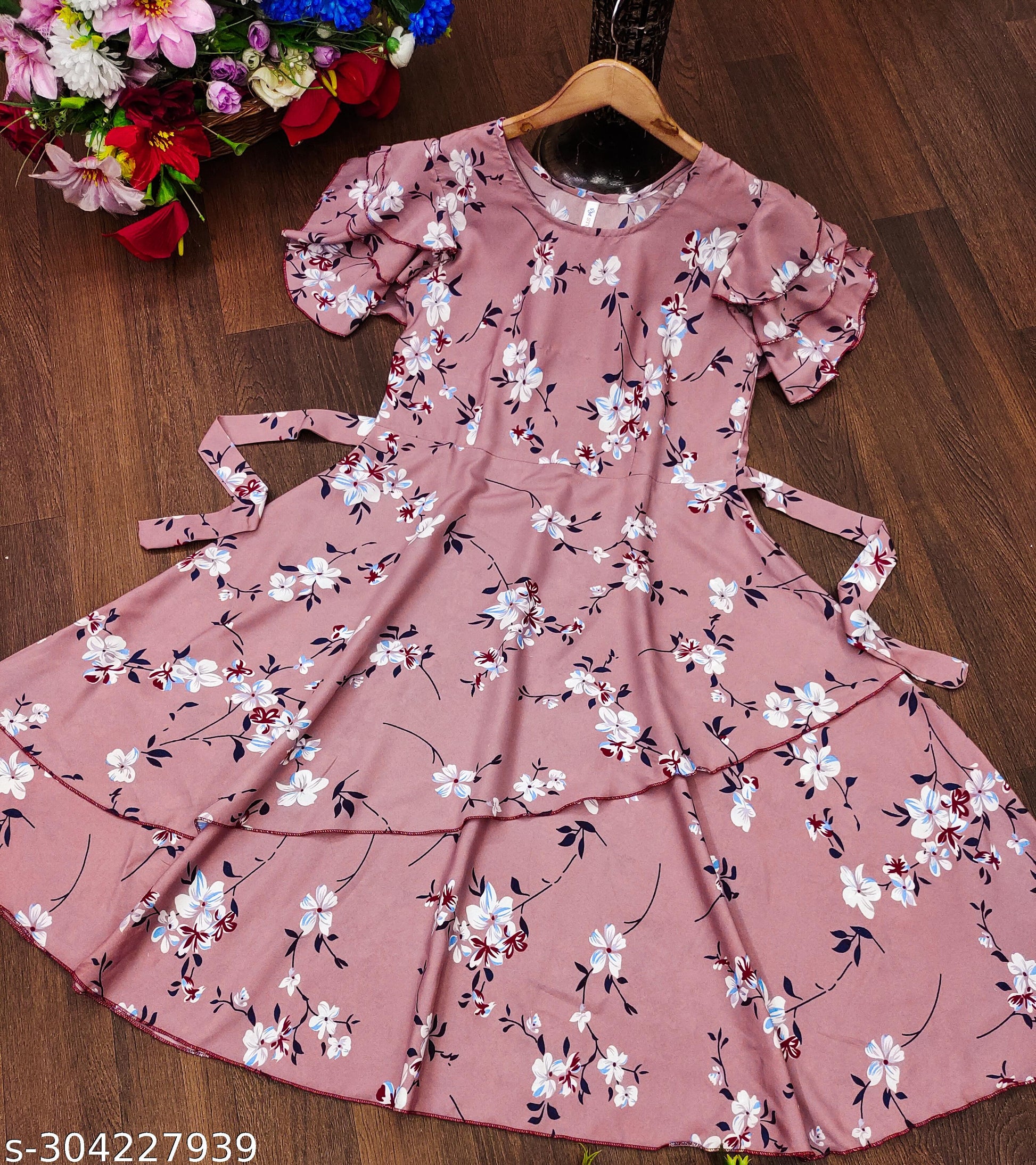 Women's Wine & White Floral Print Layered Dress - Unixkart - View 4