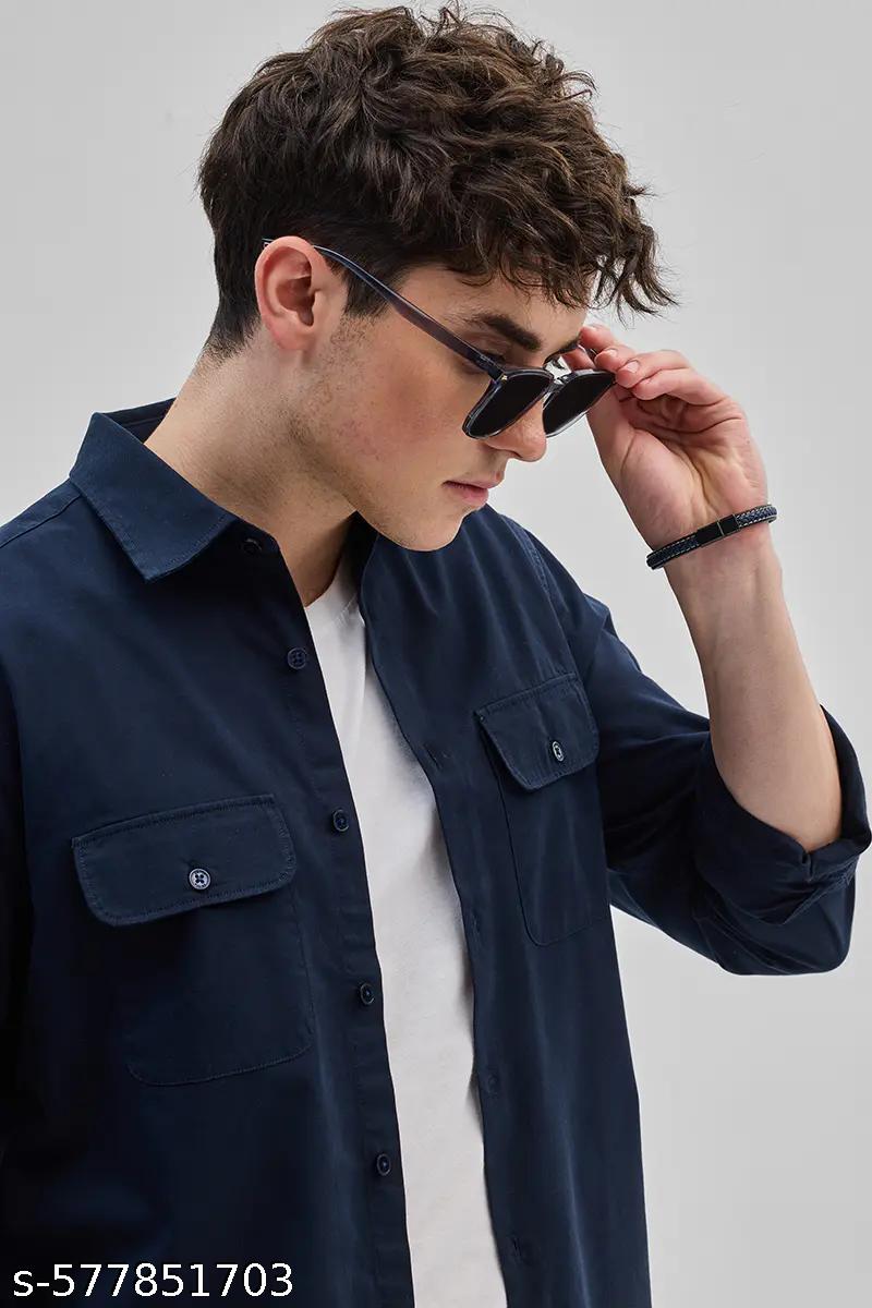 Men's Solid Double Pocket Cotton Shirt - Unixkart - View 4