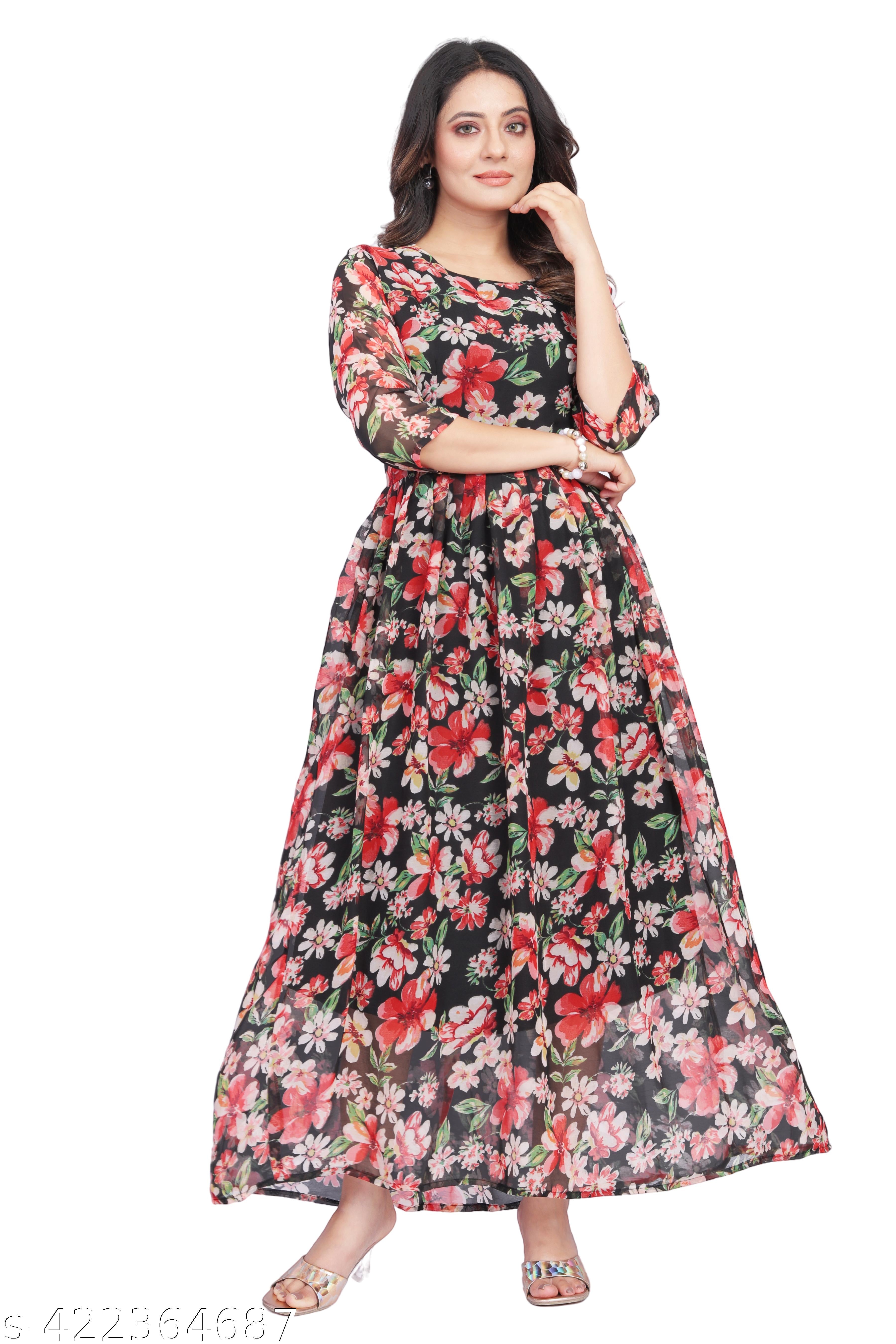 Women's Maxi A-Line Georgette Dress - Unixkart - View 4