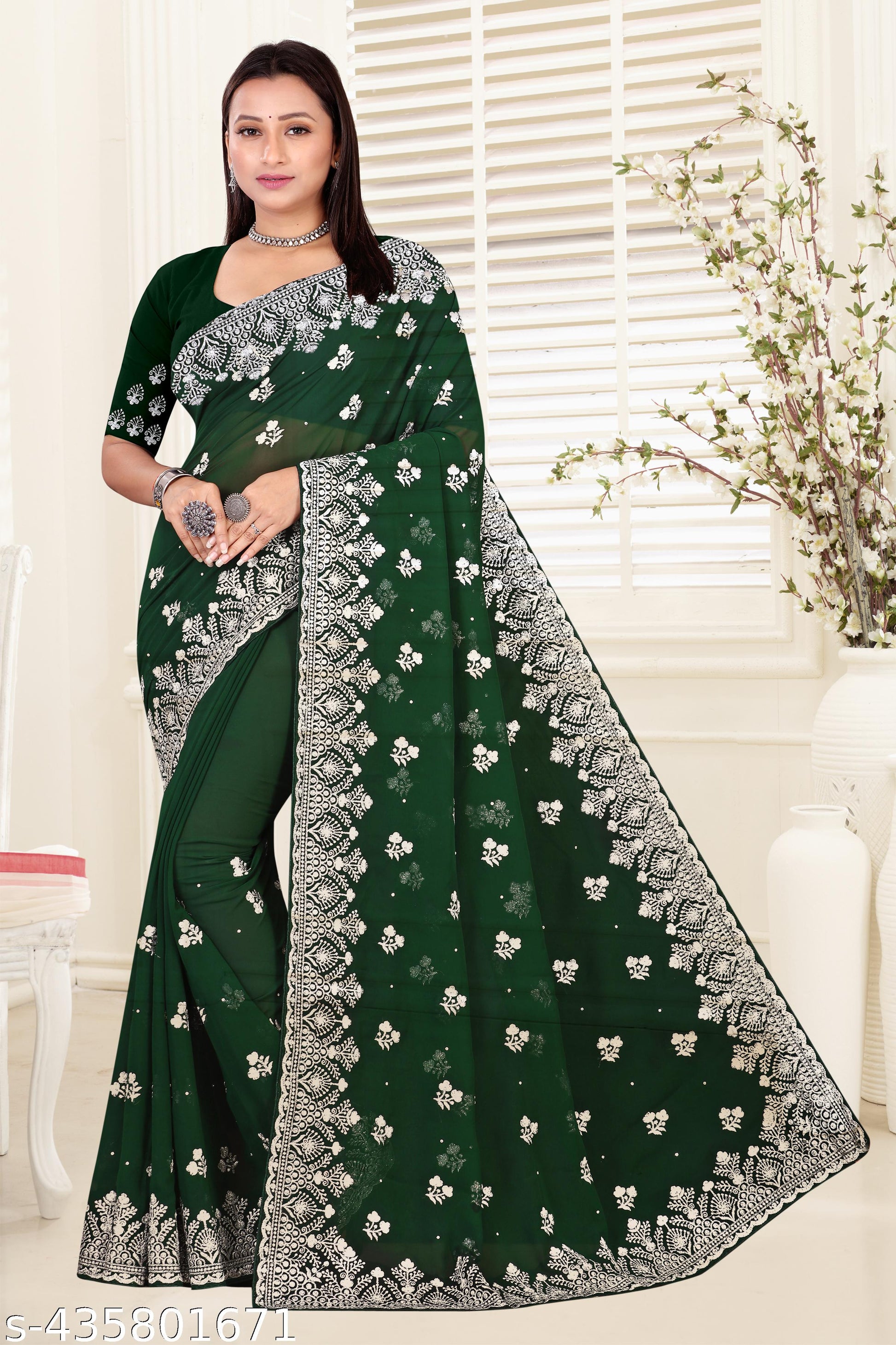 Heavy Silver Embroidery Work With Full Silver Stone Work Beautiful And Owsom Saree - Unixkart