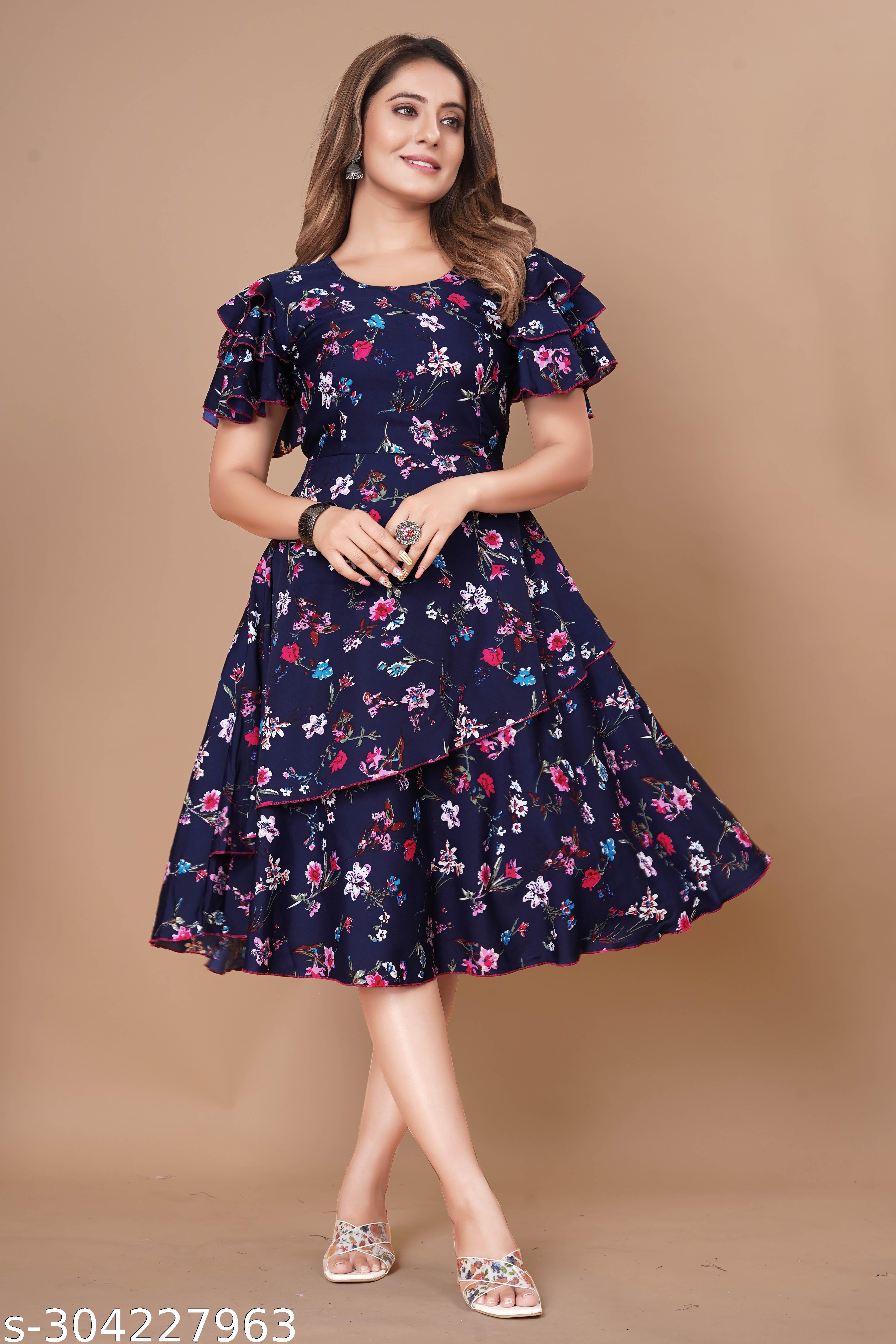 Women's Navy Blue & Pink Floral Print Layered Dress - Unixkart - View 4