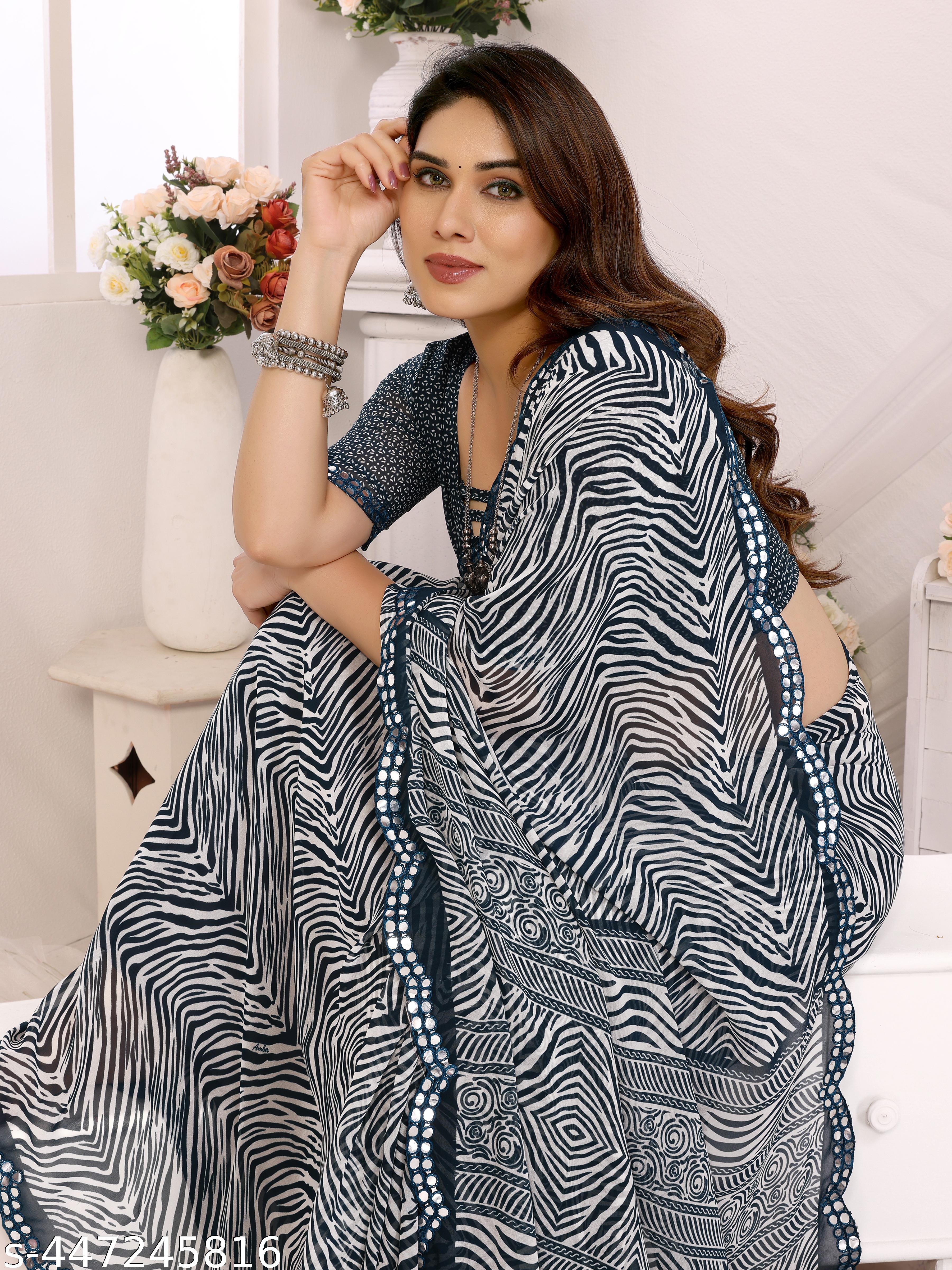 Women's Bollywood Party Wear Leheriya Printed Georgettete Saree With Mirror Lace Border, New Collect - Unixkart - View 4